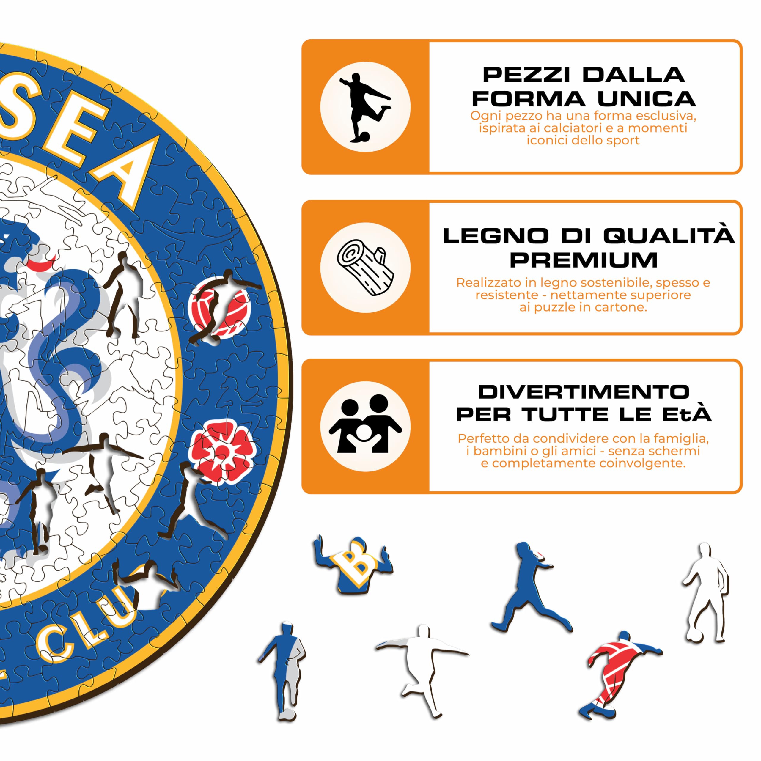 Iconic Puzzles, Chelsea Logo, Prodotto ufficiale, Puzzle di Legno per Adulti e Bambini, Legno 100% Sostenibile, Taglia S 150 Pezzi