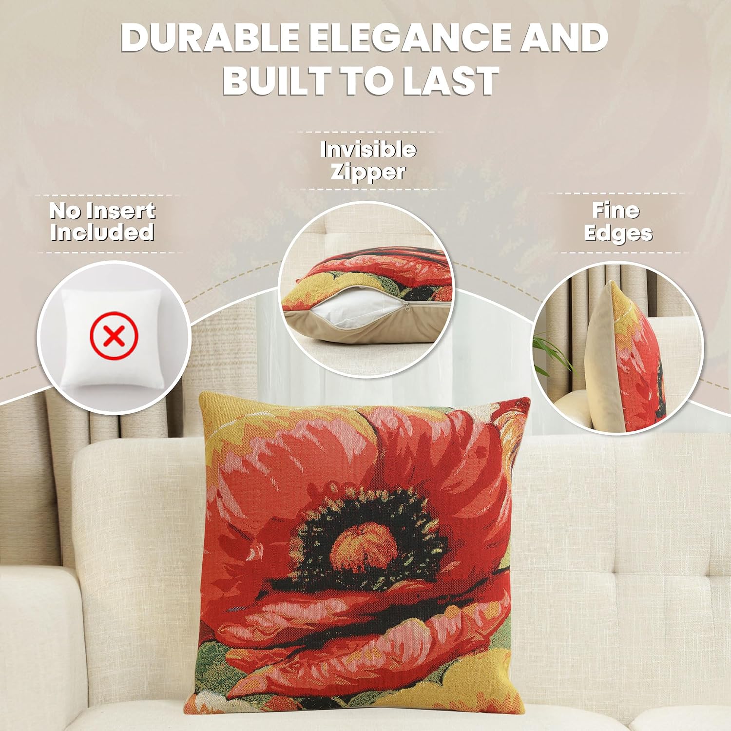 Charlotte Home Furnishings Inc Poppies I Belgian Woven Throw Pillow Cover 16 x 16 Hand Finished Square Pillow for Living Room - Accent Cushion Cover for Sofa Bed Couch and Indoor Use