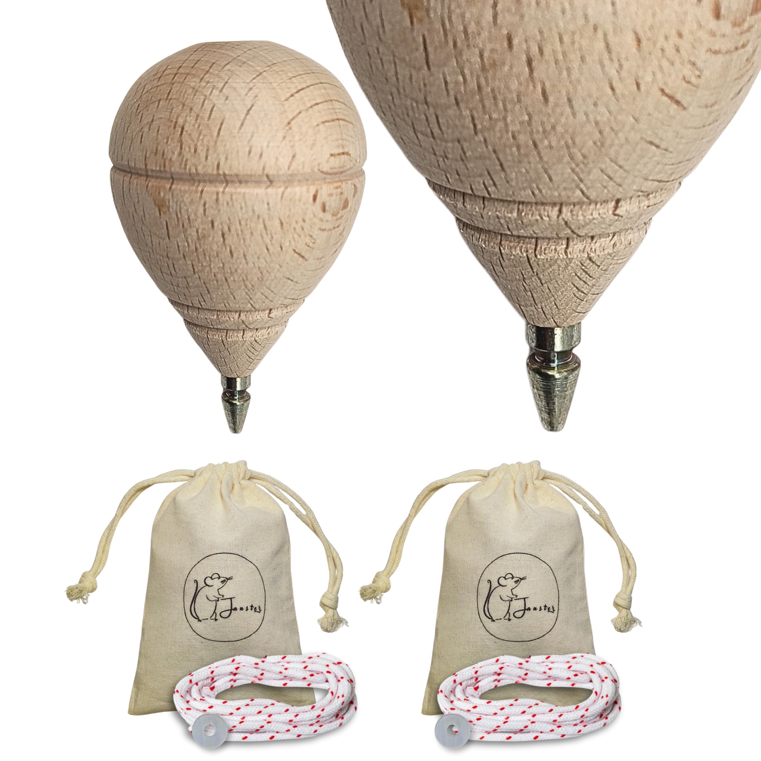 Janster- Pack de 3 o 2 Trompos de Madera de Haya con Bolsa para Regalo -Juego Manual para Niñas con Punta Metal- Pack Peonzas clásicas de Madera (Pack DE 2 con Punta BOLI)