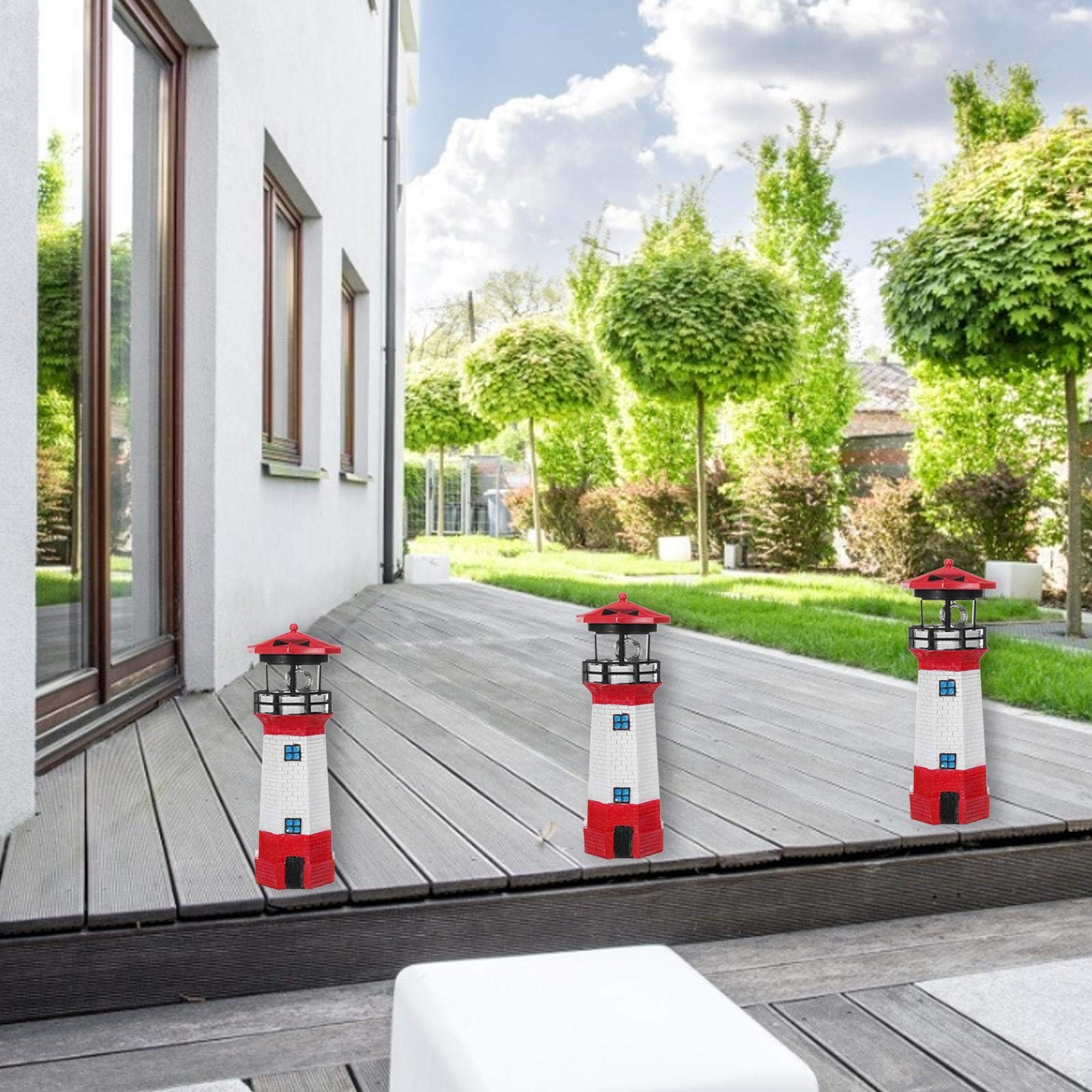Faro decorativo de jardín con energía solar tradicional con LED giratorio, luz decorativa de faro solar, lámpara de jardín de estilo náutico impermeable para fiestas, terrazas, patios, adornos al