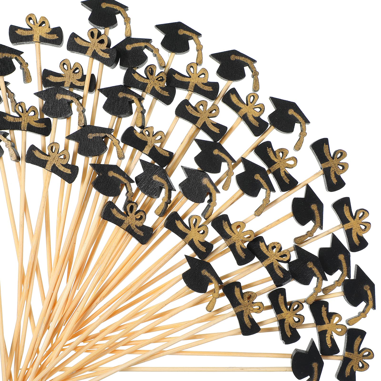 Photo 1 of 100 Pcs Graduation Cocktail Picks 4.7 Inch Bachelor Hat Bamboo Cocktail Toothpicks Wooden Cocktail Sticks for Graduation Sports Party Fruit Sandwich Picks (Black, Gold)