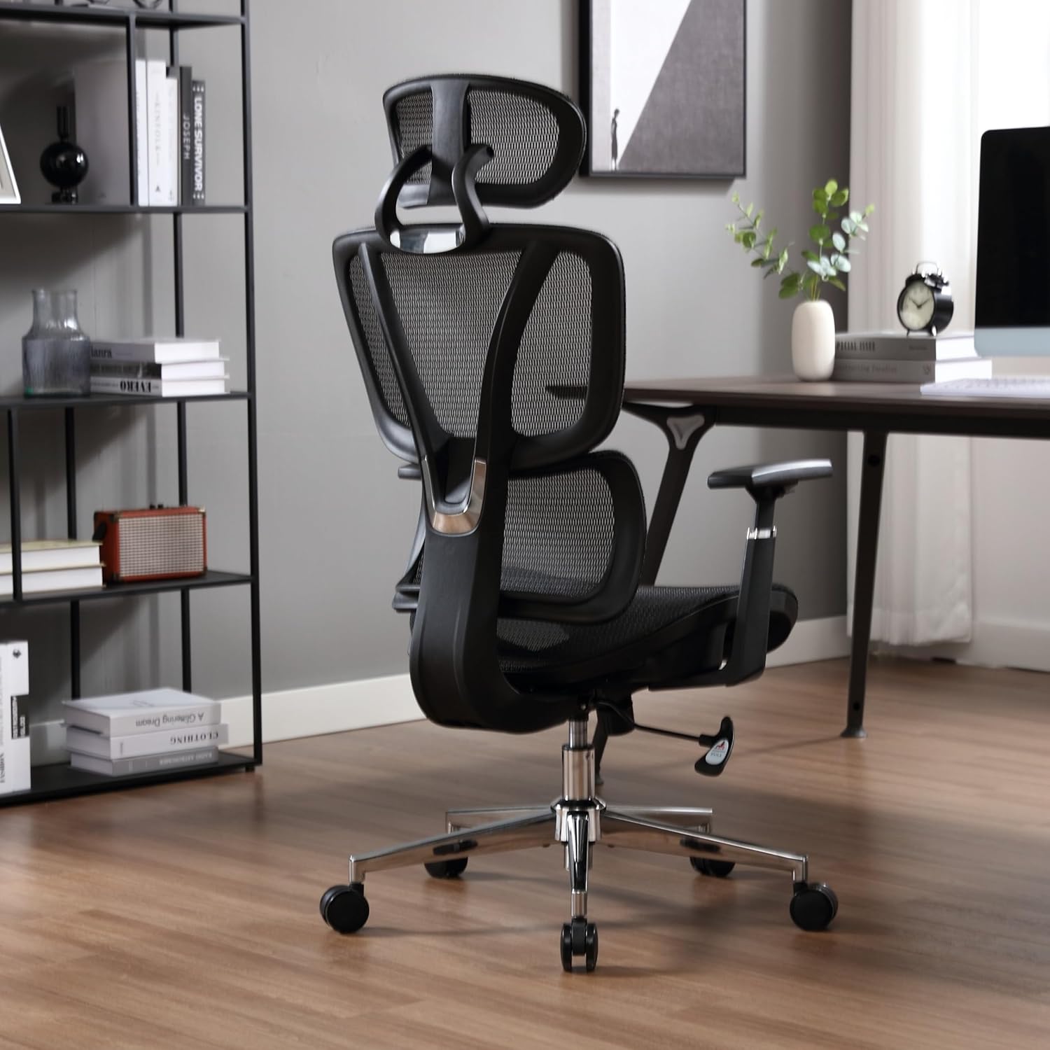 Home Office Desk Chair, Ergonomic Reclining Reinforced Mesh High Back with Adjustable Lumbar Support & Headrest & 3D Armrest, Swivel Rolling Task Game Computer Chair with Mute PU Wheels, Black