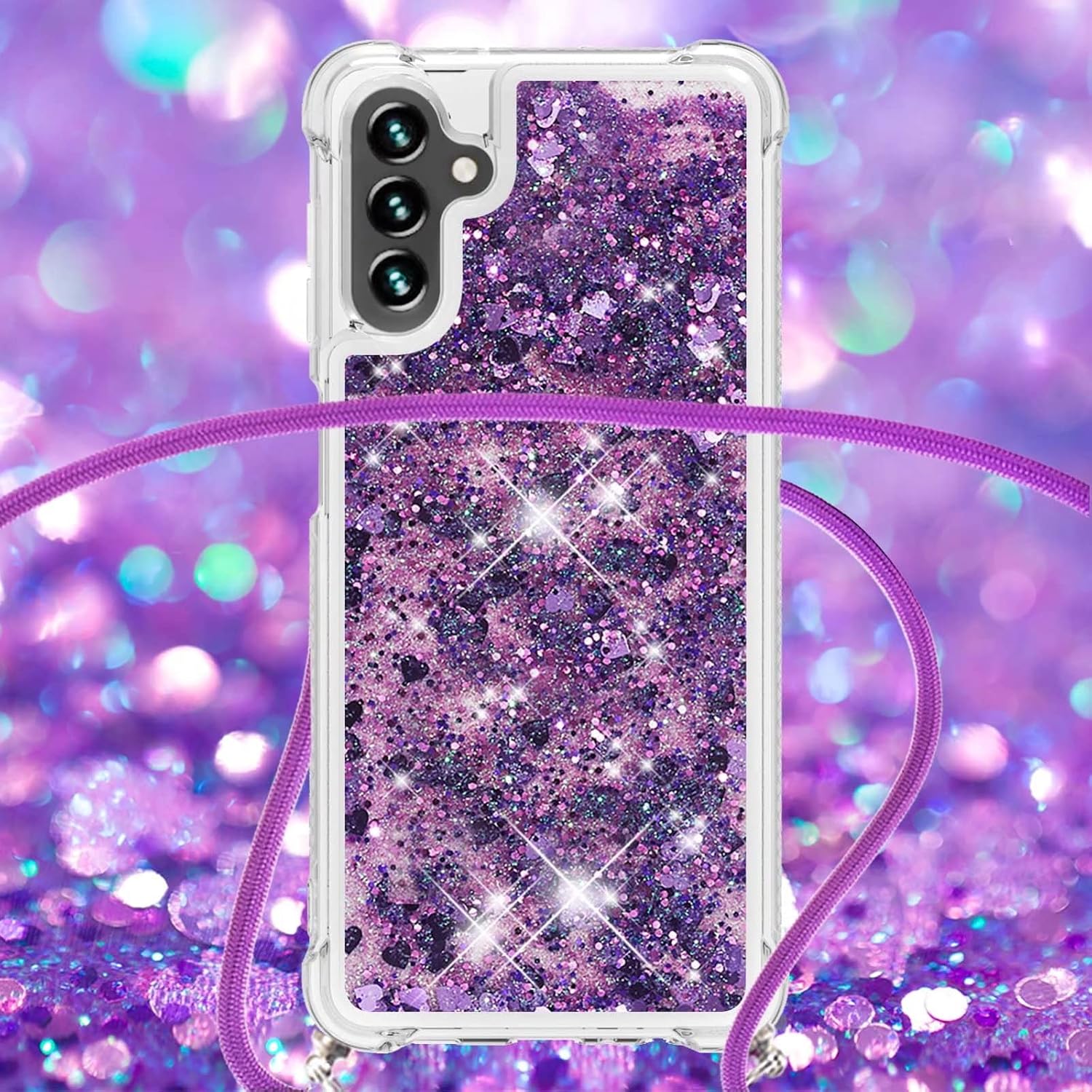 Didan Nadoli Flowing Liquid чехол для Samsung Galaxy A14 5G прозрачный силиконовый с блестками с движущимися сердечками и звёздочками защитное покрытие на длинном ремешке с регулируемым ремешком ожерелье ремешок
