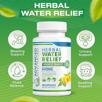 Herbal Water Relief Diuretic Water Pills for Water Retention, Bloating, Swollen Legs, Feet - Dandelion Extract Supplement - Water Retention Loss - Diuretics for Women & Men - 60 Capsules
