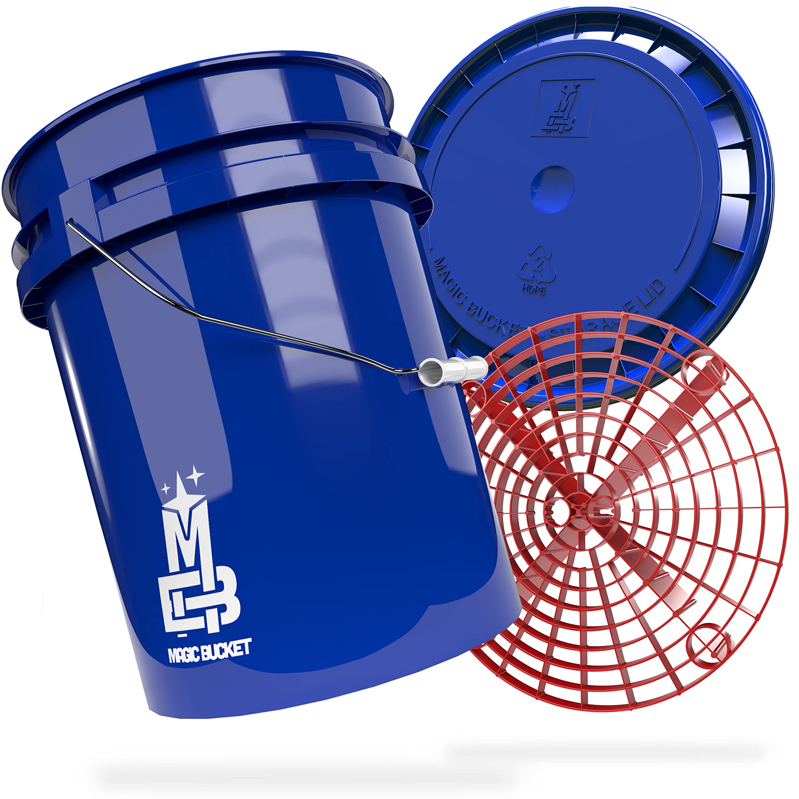 MAGIC BUCKET | Paquete de lavado a mano para coche, cubo de lavado con tapa a juego, 5 galones de EE. UU. aprox. 20 litros, con bandeja de grit, colador de suciedad, juego de lavado, color azul/rojo