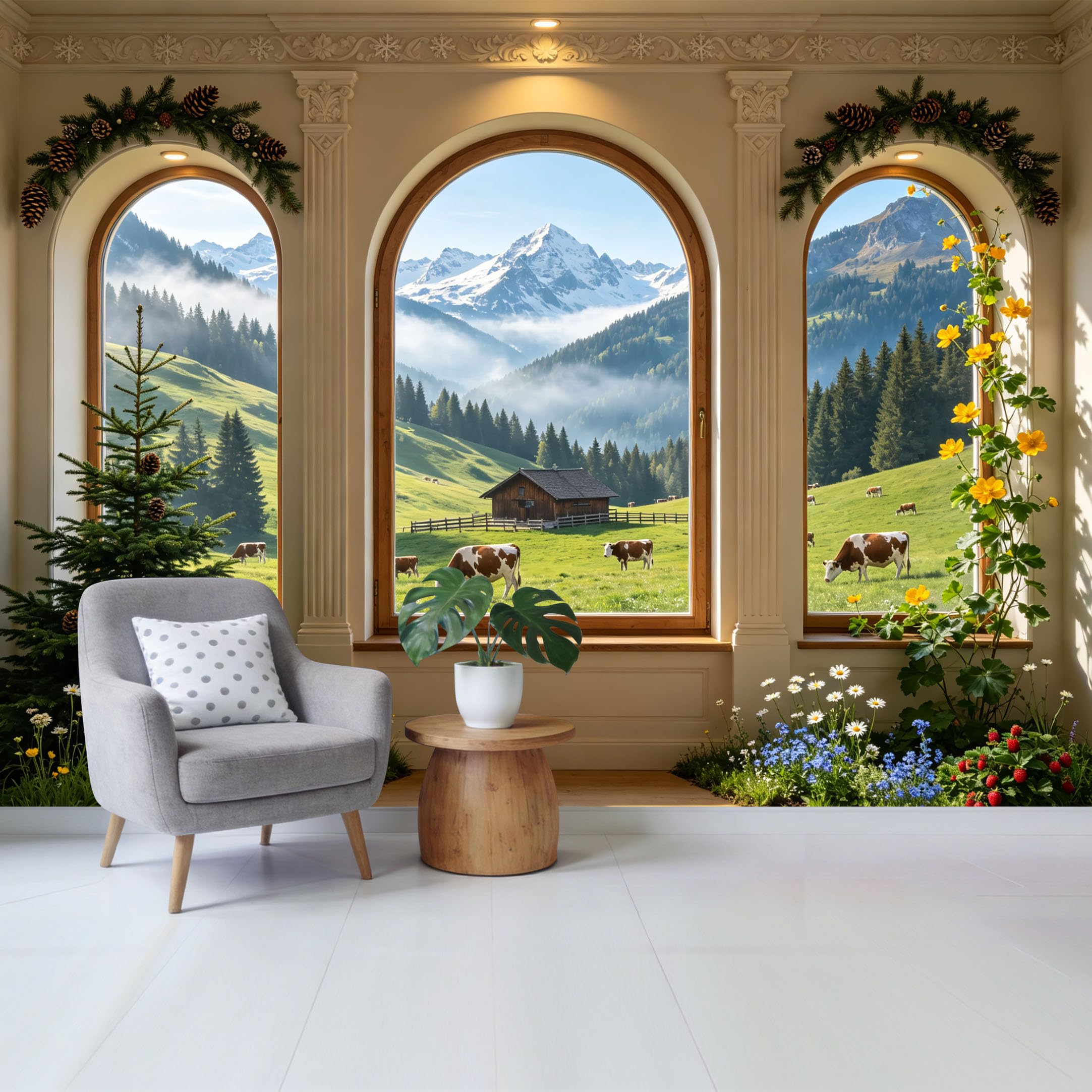 Removable Self Adhesive Fabric Mural， Alpine Meadow Mountain Cabin Custom Size Wall Covering， UV Protected Waterproof Washable Wall Decor for Living Room Bedroom Bathroom