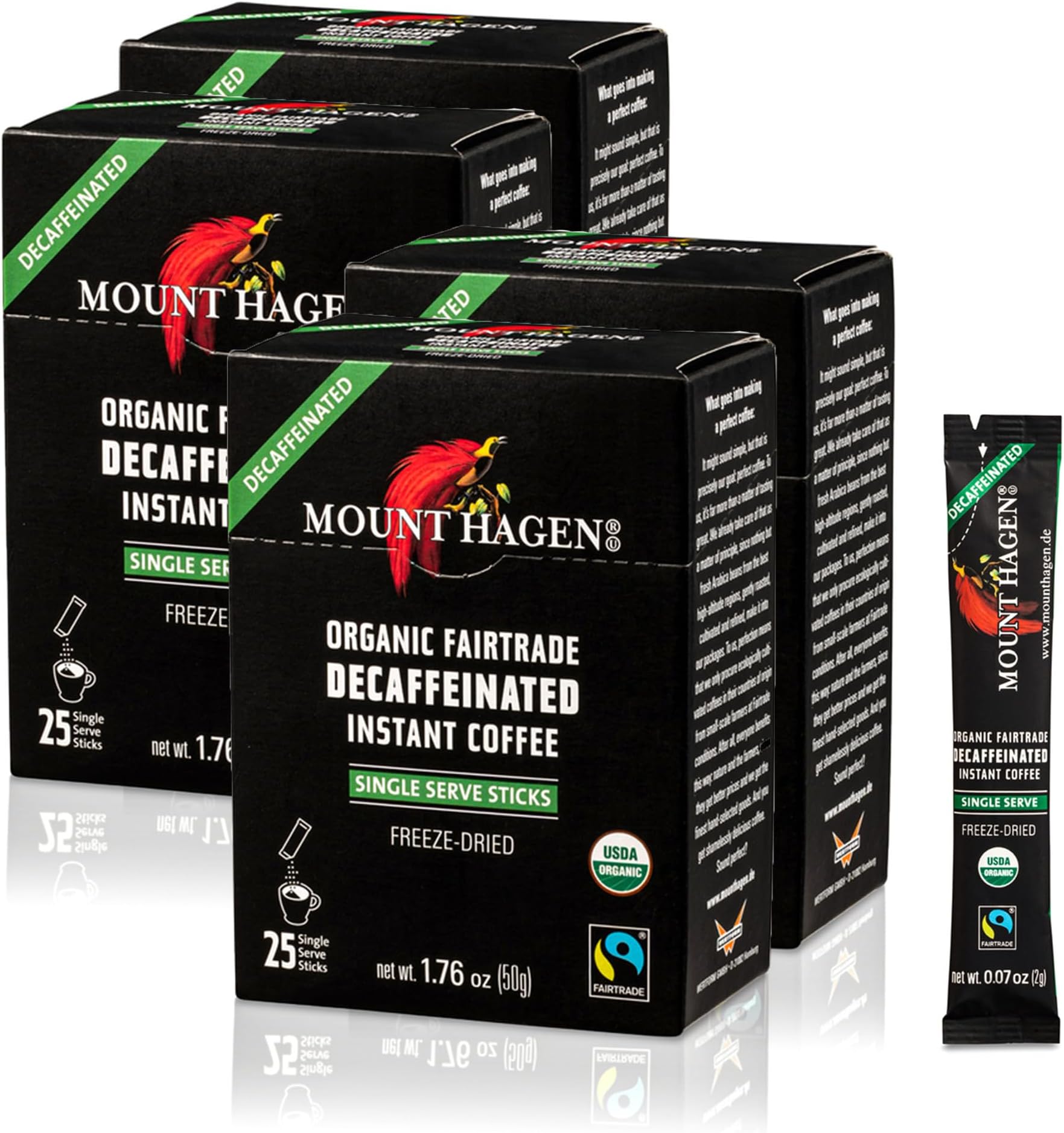 Mount Hagen 25 Count Single Serve Instant Decaf Coffee Packets - 4 Pack | Decaffeinated Organic Medium Roast Arabica Beans | Eco-friendly, Fair-Trade [4 x 25 sticks/1.76oz/50g]