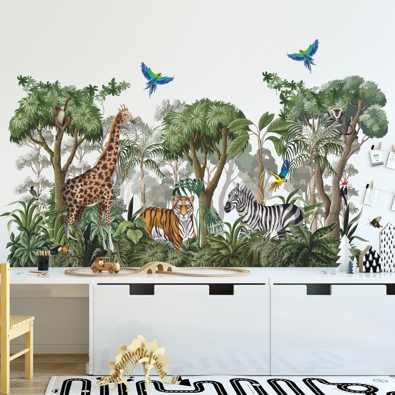 Jungle Animals Tree Wall Decals Giraffe Tiger Zebra Safari Wall Stickers Tropical Forest Green Tree Wall Decor for Kids Boys Bedroom Playroom RW-3988
