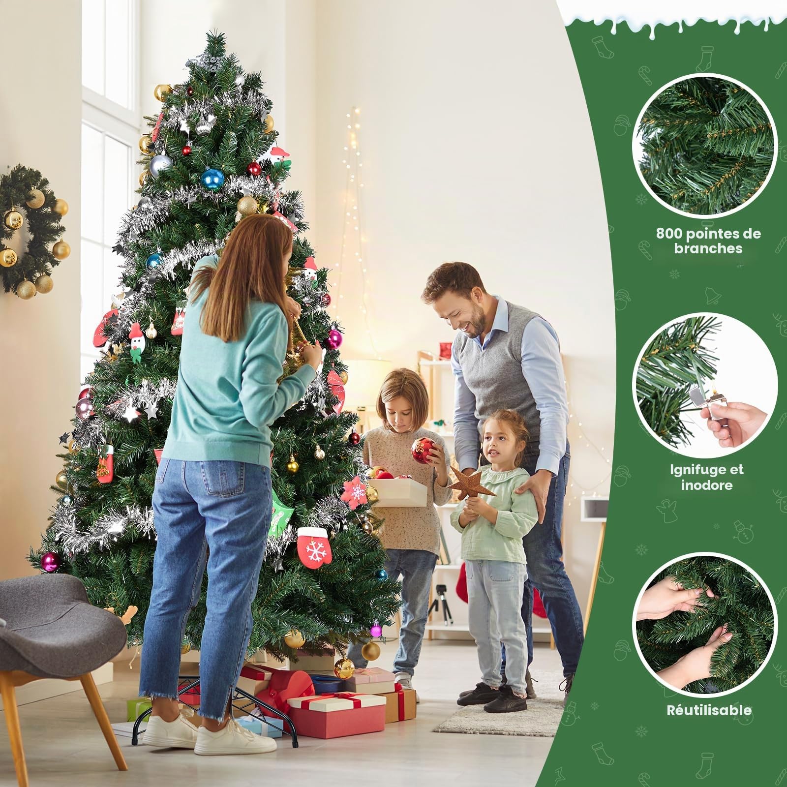 YEAUPE PRO Sapin de Noël Artificiel 180cm en PVC, 800 Branches, Montage 3 Sections, Gain de Place, Pied Métallique Stable (Ø 105 cm)