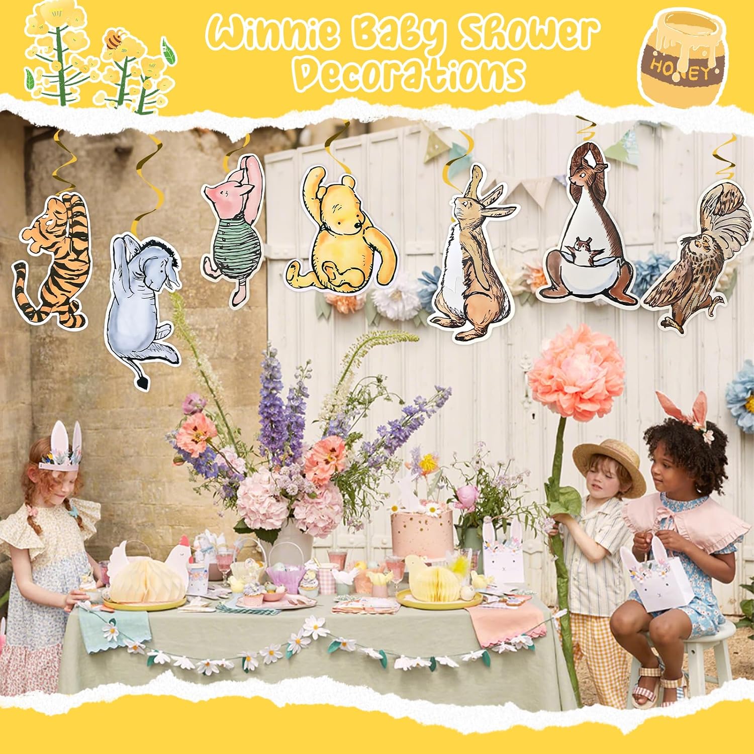 MEMOVAN Winnie Swirl Hanging Decorations 14pcs Classic Pooh Hanging Decorations Swirls Winnie Hangings Cards Pooh Table Centerpieces for Classic-Pooh Baby Shower Birthday Party Double-sided