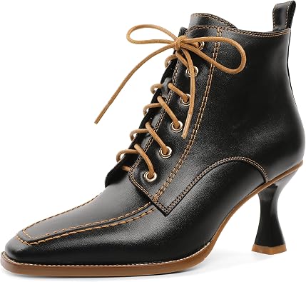 Ankle Boots for Women Square Toe Booties 3 Inch Flared High Low Kitten Heel Adjustable Lace-up Side Zipper Short Boots for Casual Work Daily Wear Black Size 7