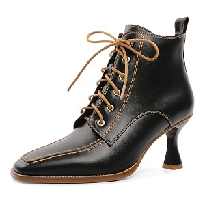 Ankle Boots for Women Square Toe Booties 3 Inch Flared High Low Kitten Heel Adjustable Lace-up Side Zipper