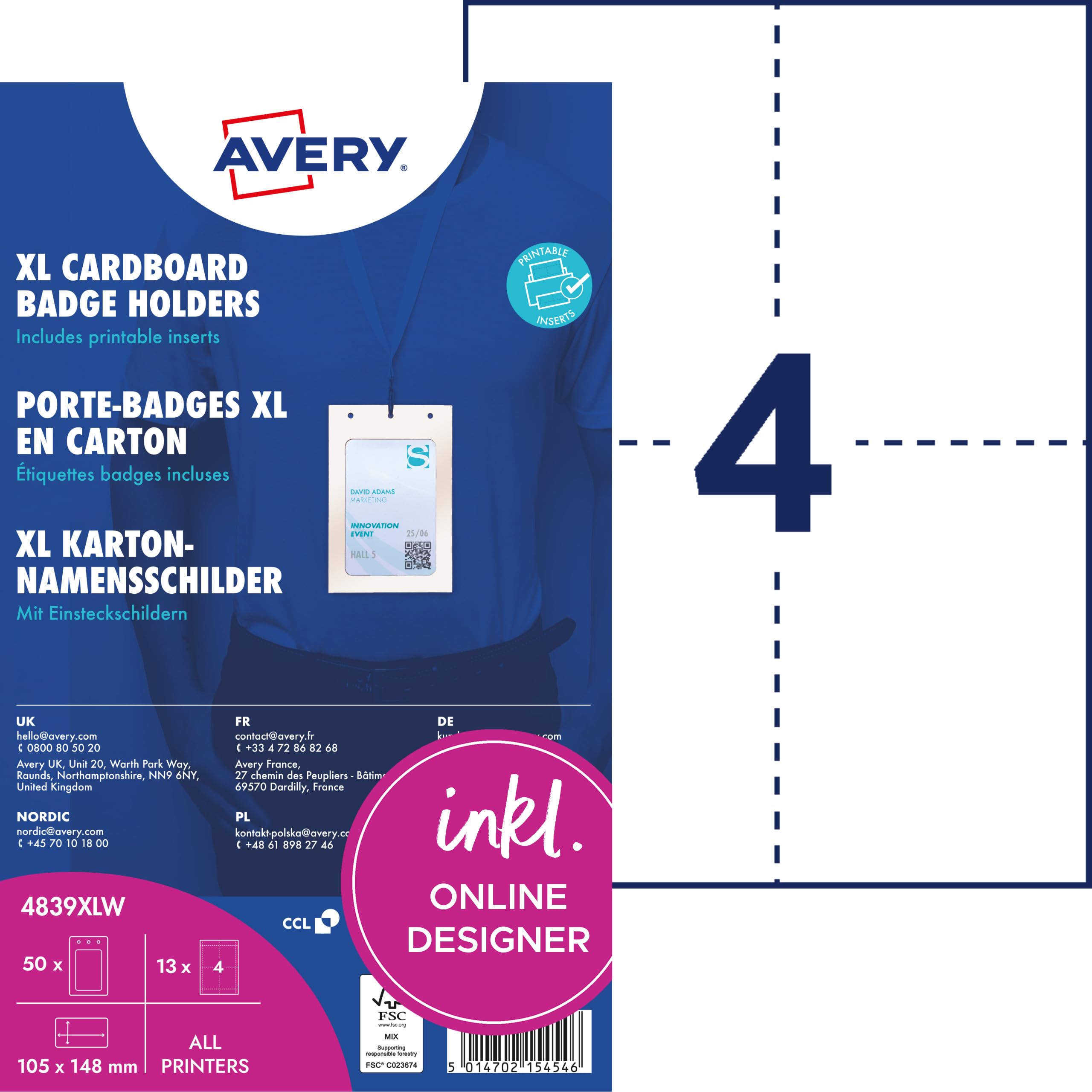 AVERY Zweckform 4839XLW Namensschilder für Kleidung, 50 Stück, weiß