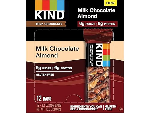 KIND - Barras de chocolate con leche y almendras, con 0.21onzas de azúcar, 0.21onzas de proteínas, libres de gluten, de 1.4 onzas, 12 unidades