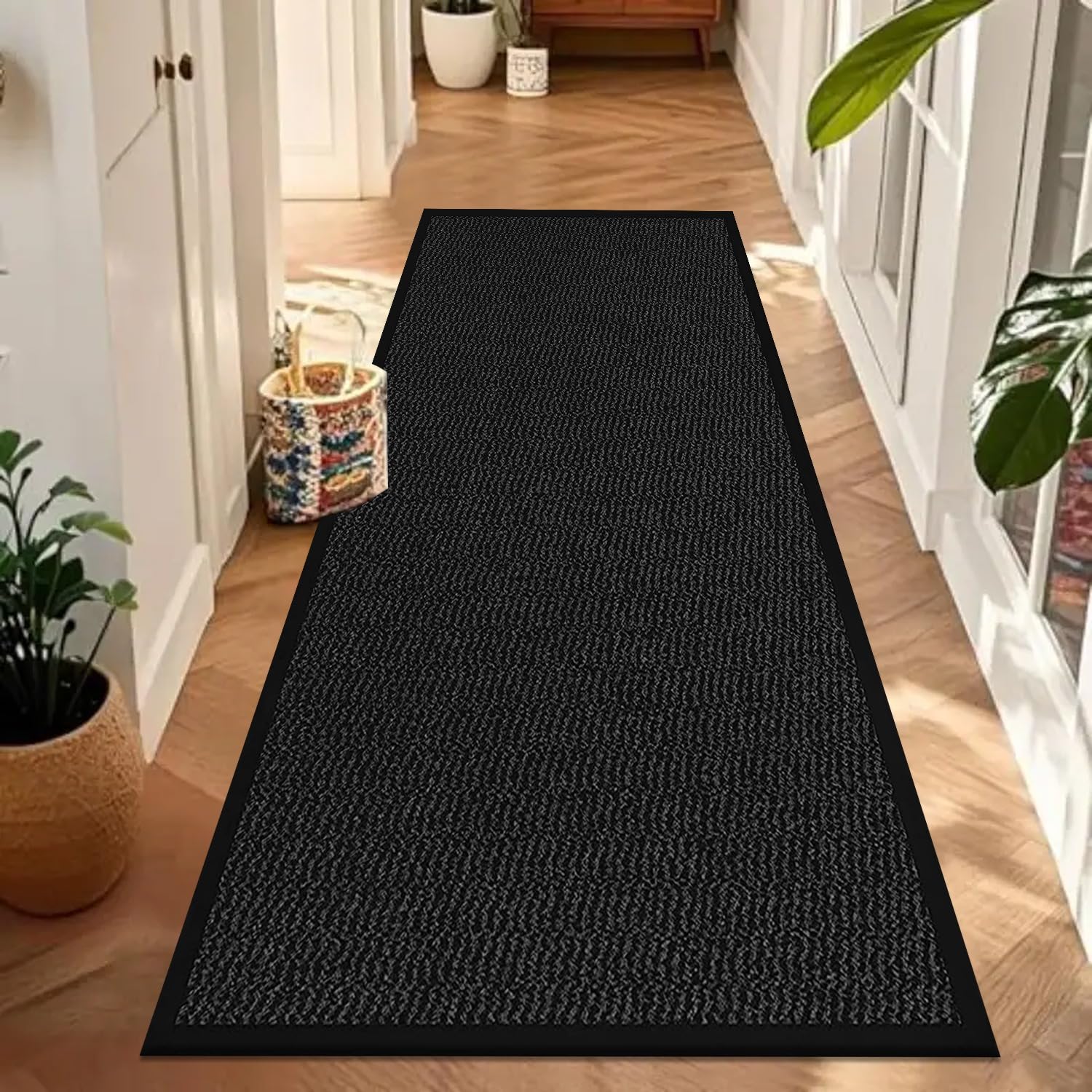 Waterproof Runner Rug for Kitchen Floor - Black, 90 x 150 cm - Heavy Duty Non Shed Waterproof PVC Backing Dirt Grabber Entrance Welcome Mat