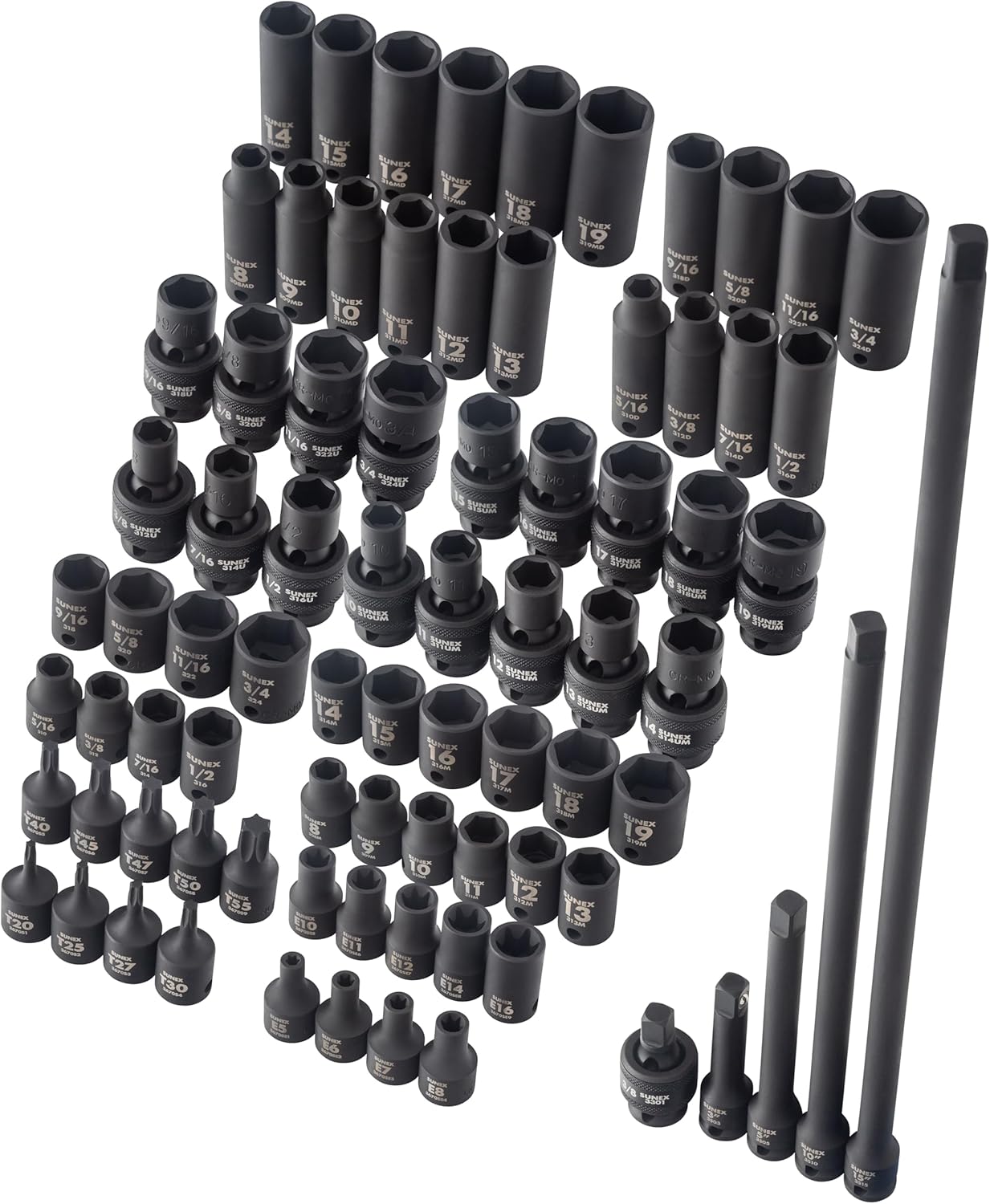 SUNEX Tools 80 Piece 3/8 in. Drive Master Impact Socket Set, Universal, Star, External Star, Extensions, Universal Joint, SAE and Metric, 8mm to 19mm and 5/16 in. to 3/4 in., CR-MO Steel, Model 3580