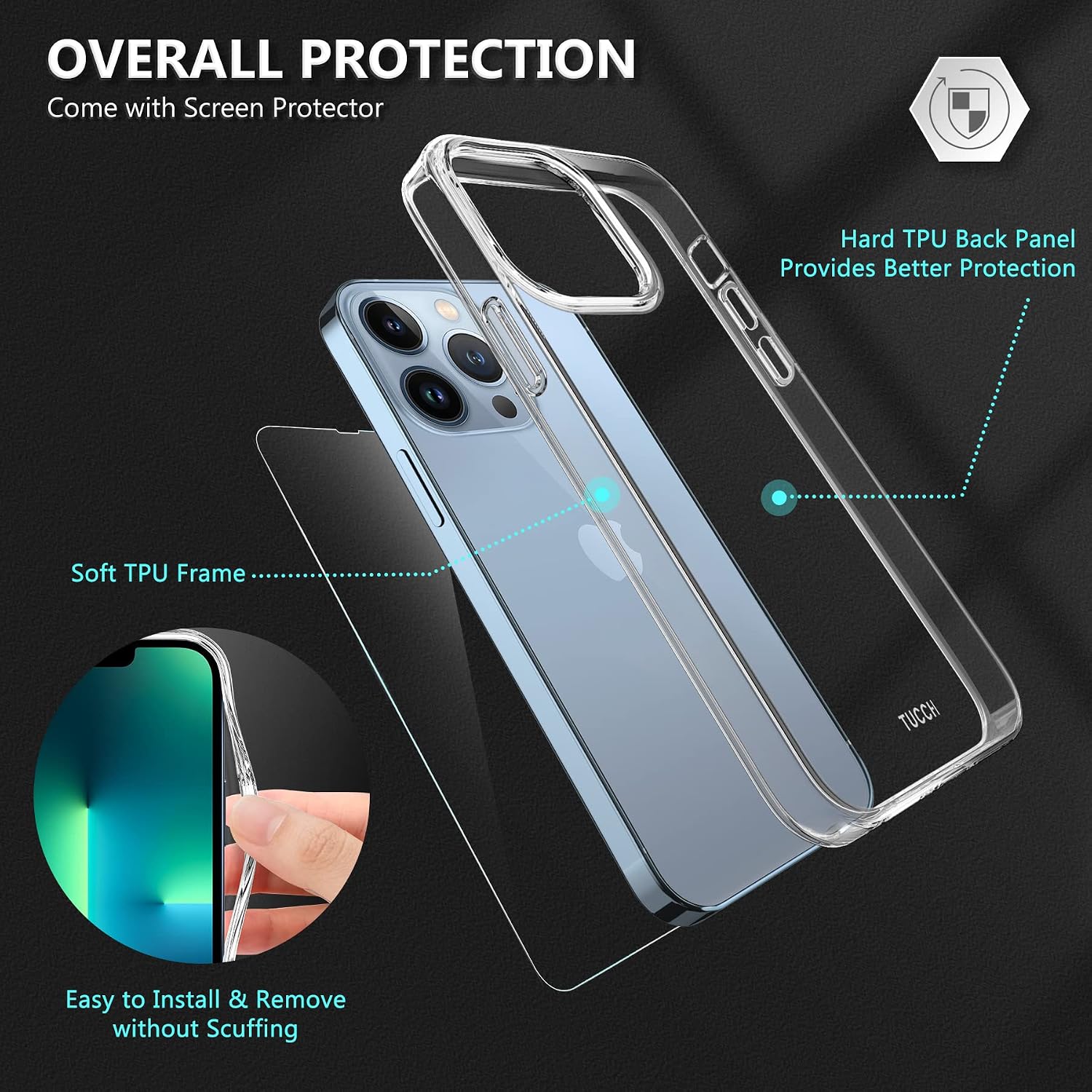 TUCCH Compatible with iPhone 13 Pro Case, Clear Shockproof Phone Cases with [Glass Screen Protector], Transparent Slim Anti-Scratch Protective TPU Full Cover Case for iPhone 13 Pro 6.1", Crystal Clear