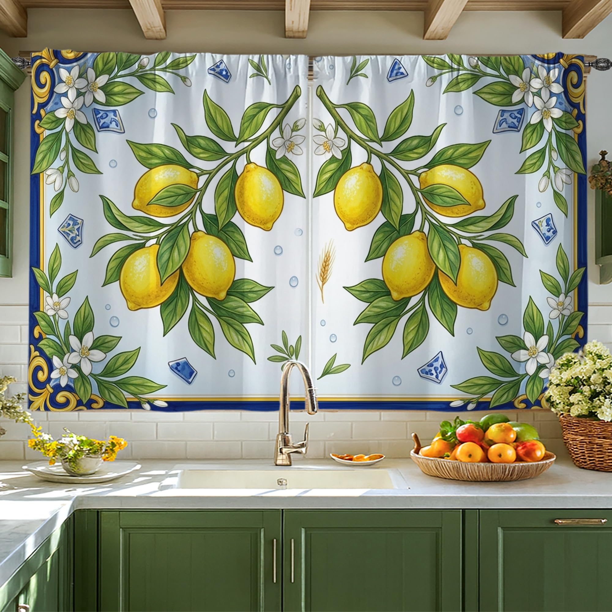 Rideaux courts rustiques motif citron jaune pour fenêtre de cuisine ou salle de bain