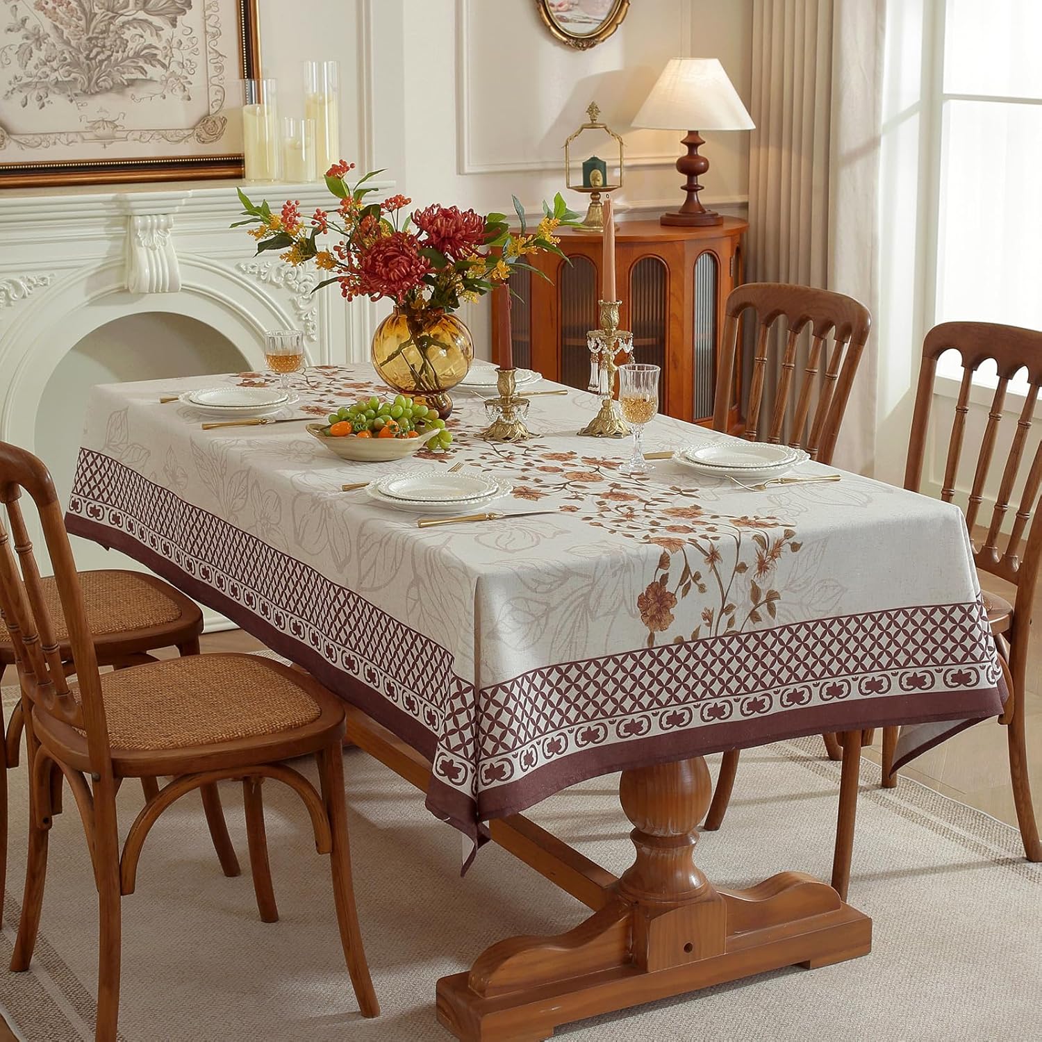 Designer French Linen Blend Tablecloth for Rectangle Table, Wrinkle Resistant Vintage Floral Table Cloth, Decoration Table Cover for Dining Room,Home, Kitchen (Auburn Floral, 86" x 55" (Rectangular))