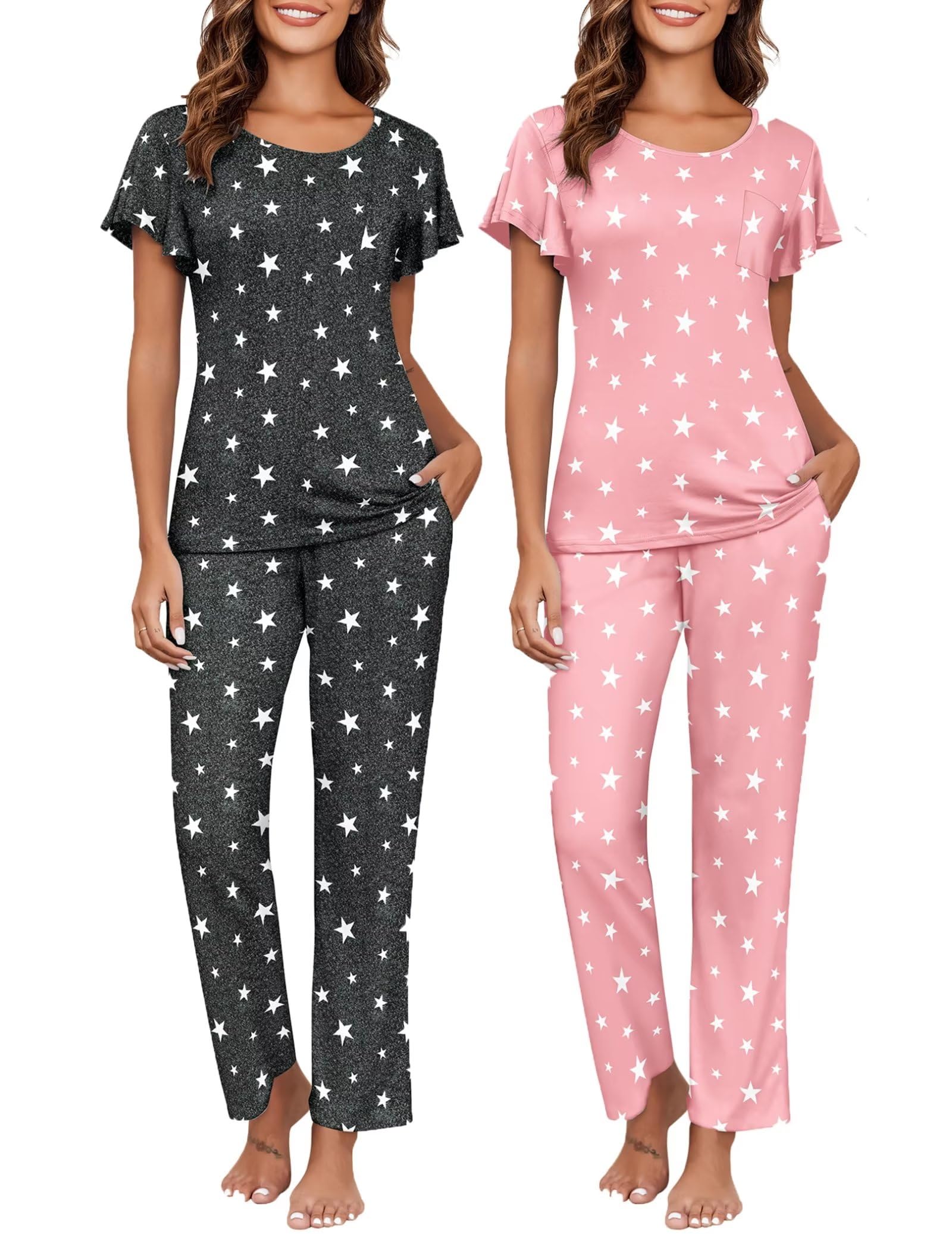 Ekouaer Pajamas for Women Set 2 Piece Comfy Loungewear, Lightweight Pjs Sleepwear, Short Sleeve Top &amp; Long Pants with Pockets