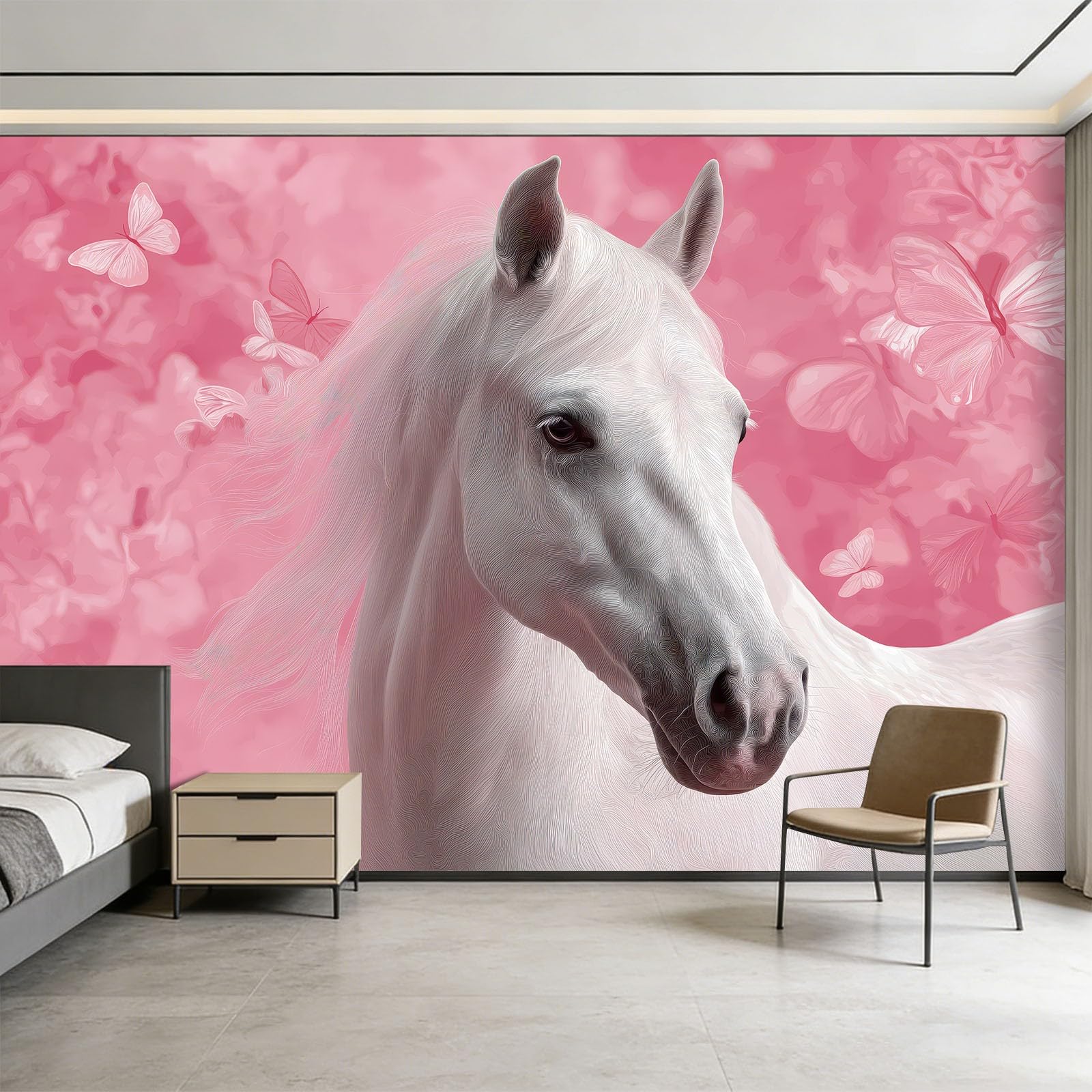 Panoramiczna Tapeta Biały Koń Różowy Motyl 500 x 280 cm Fototapeta Fotografia Zwierząt Fototapeta Włóknina Do Sypialni Salon Tło TV - Plakat Obrazy Zdjęcia Mural