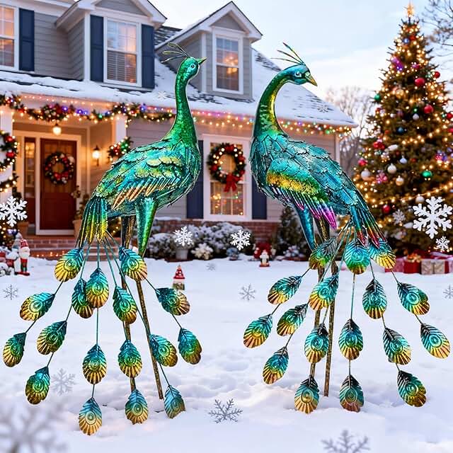 Kircust Metal Peacock Sculptures - Set of 2 Outdoor Garden Yard Art, Dur...