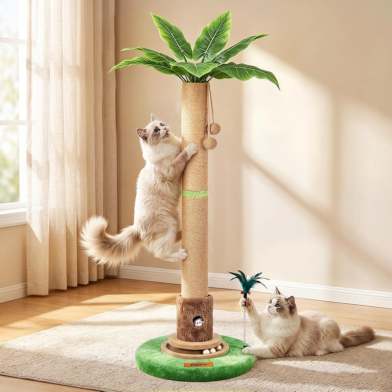 【Material Upgrade】 Famifit 50.8" Plant Cat Scratching Post, Tall Cat Tree | Natural Sisal Rope Scratcher with Solid Wood Ball Track & Mouse Hole, Interactive Design for Indoor Cats & Kittens