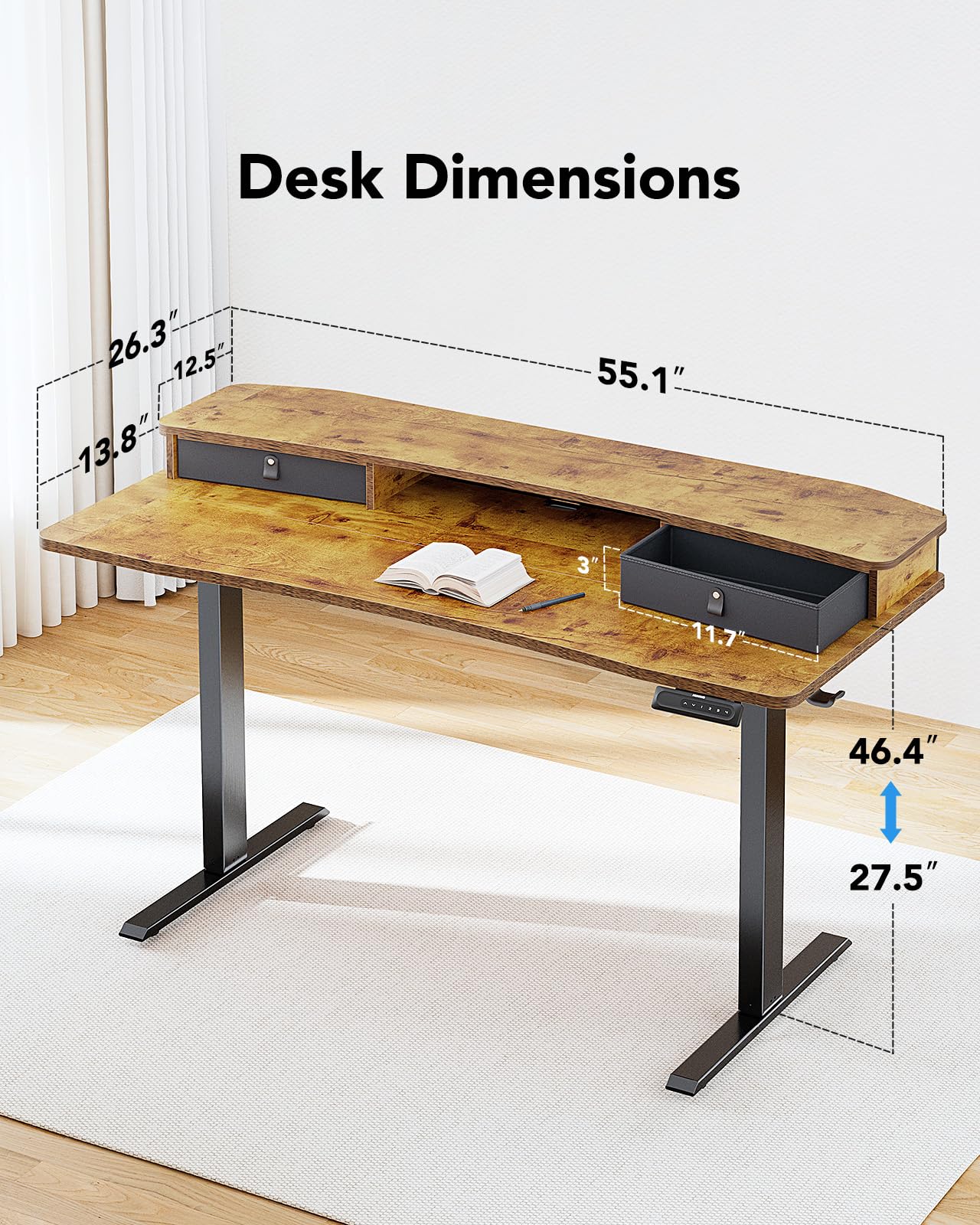 HUANUO 55x26 Electric Standing Desk with Drawers & Hooks - Dettaglio