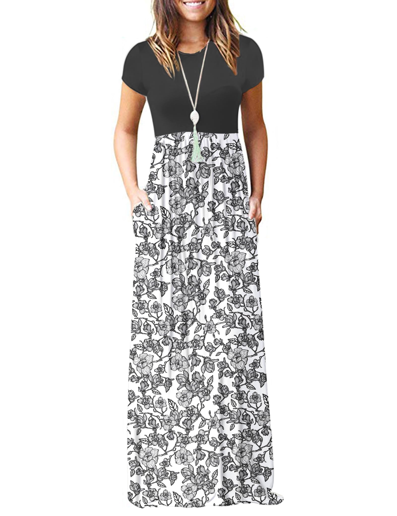AUSELILY Women's Summer Short Sleeve Loose Plain Casual Long Maxi Dresses | Year Round wear solid floral print, Casual wear, Empire waist, Floor length, Side pockets
