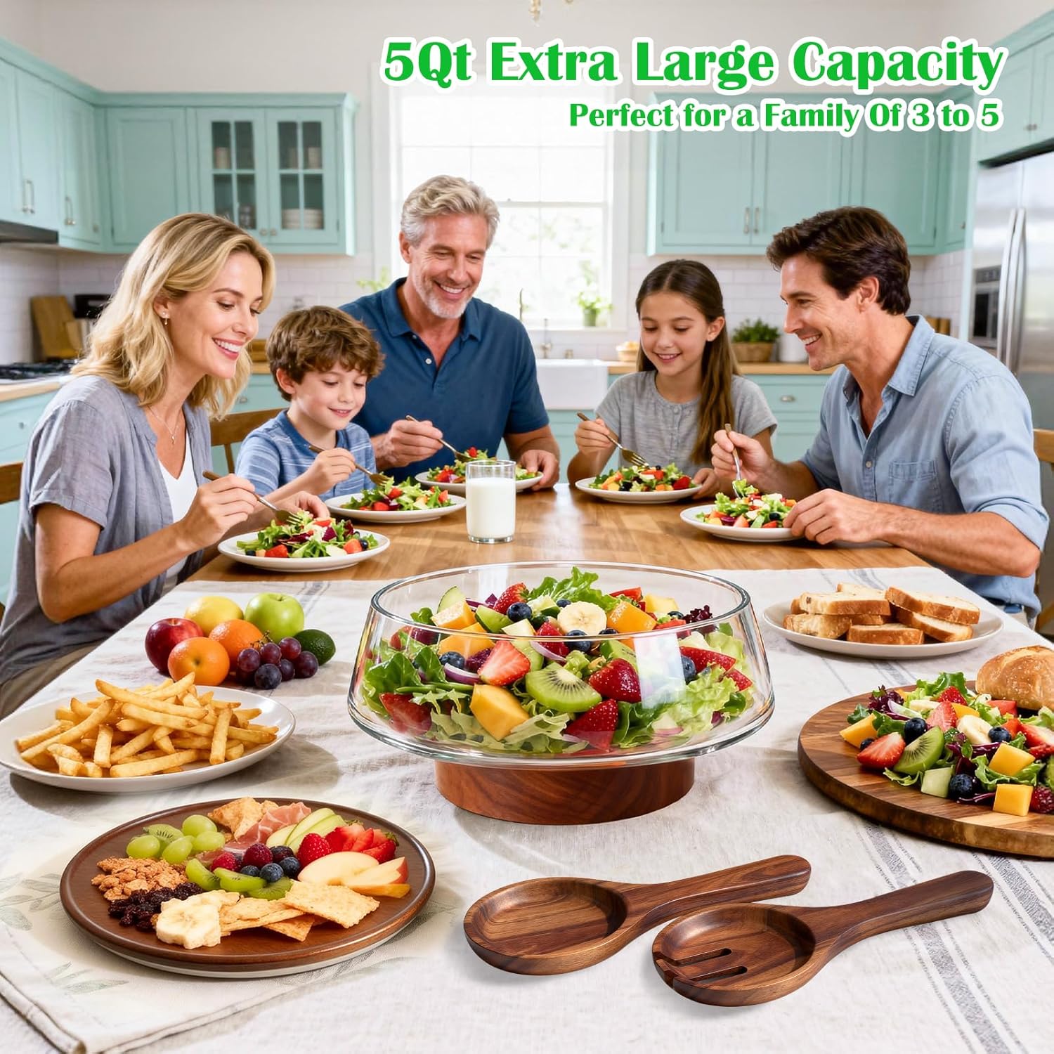 Extra Large Glass Salad Bowl with Lid Set, 5-Qt (160 fl oz) Mixing/Serving Bowl with Wood Base & Salad Servers, Trifle Bowl for Kitchen, Parties & Christmas - Image 2
