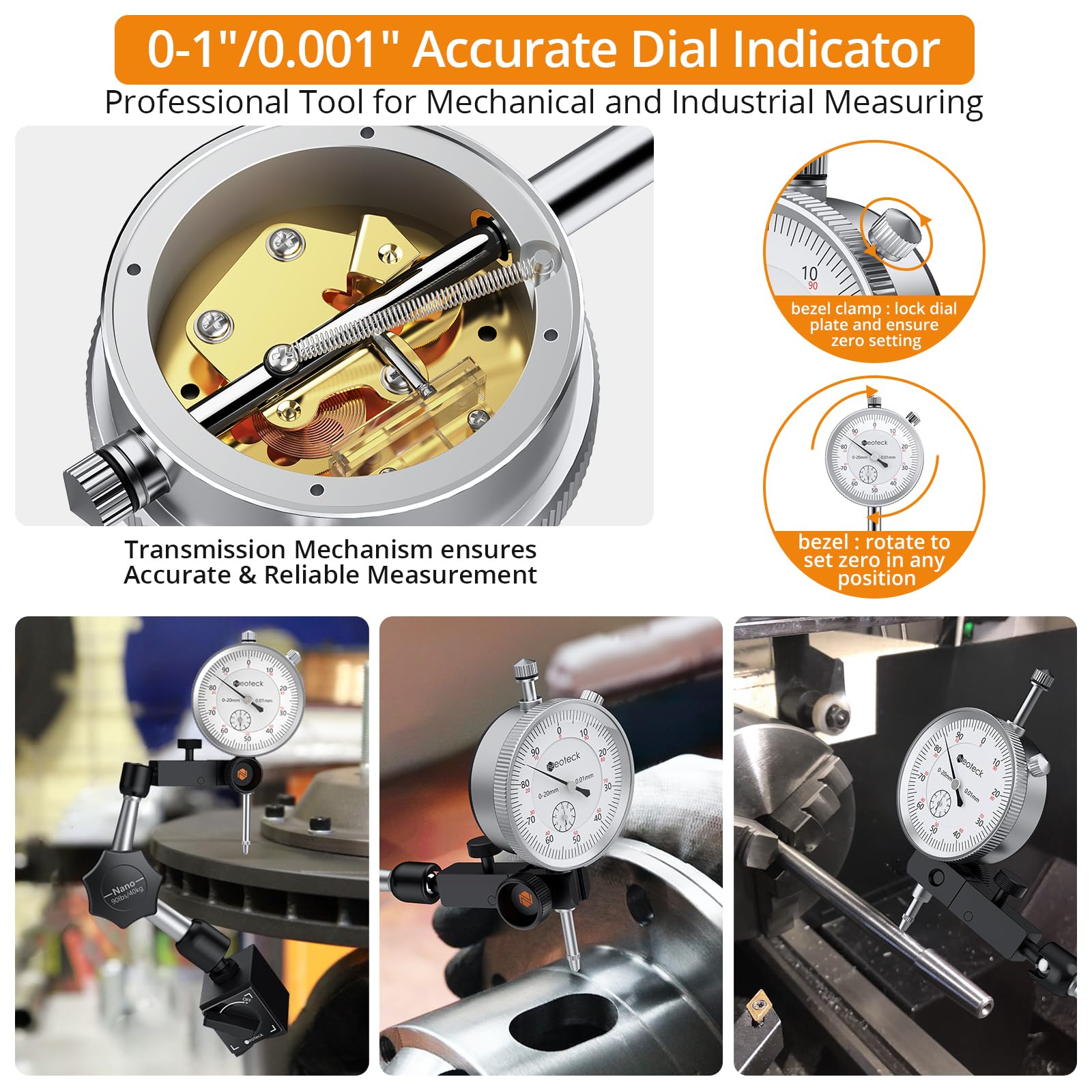 Neoteck Messuhr und Magnetfuß 20 mm Messuhren Set (0,01 mm) Messwerkzeug für Labor Werkstatt 3D Drucker - 90lbs (40kg) Max Pull