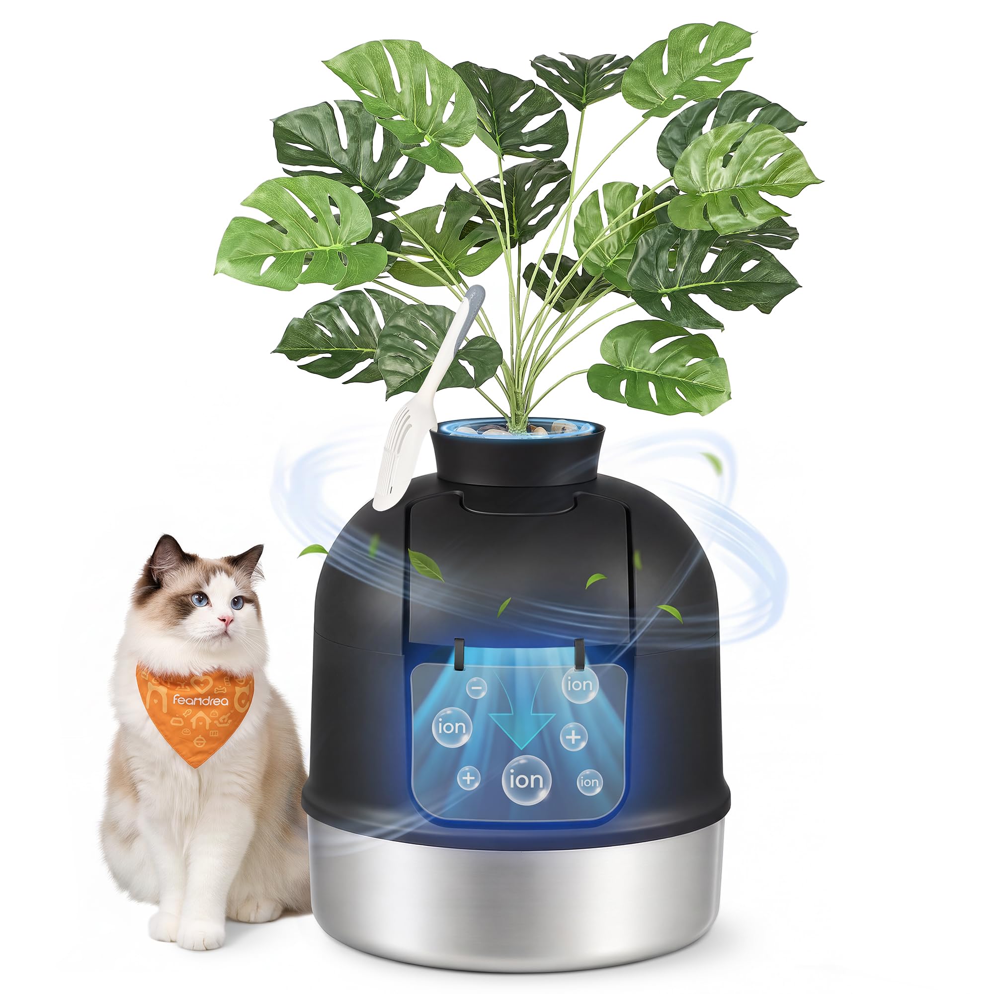 Feandrea Lettiera Gatto Chiusa a Forma di Vaso in Acciaio Inossidabile | Paletta per Lettiera Gatto, 49 x 49 x 59 cm, Filtro Carbone, Nero Inchiostro e Argento, Collezione Boxal, PPT026B101