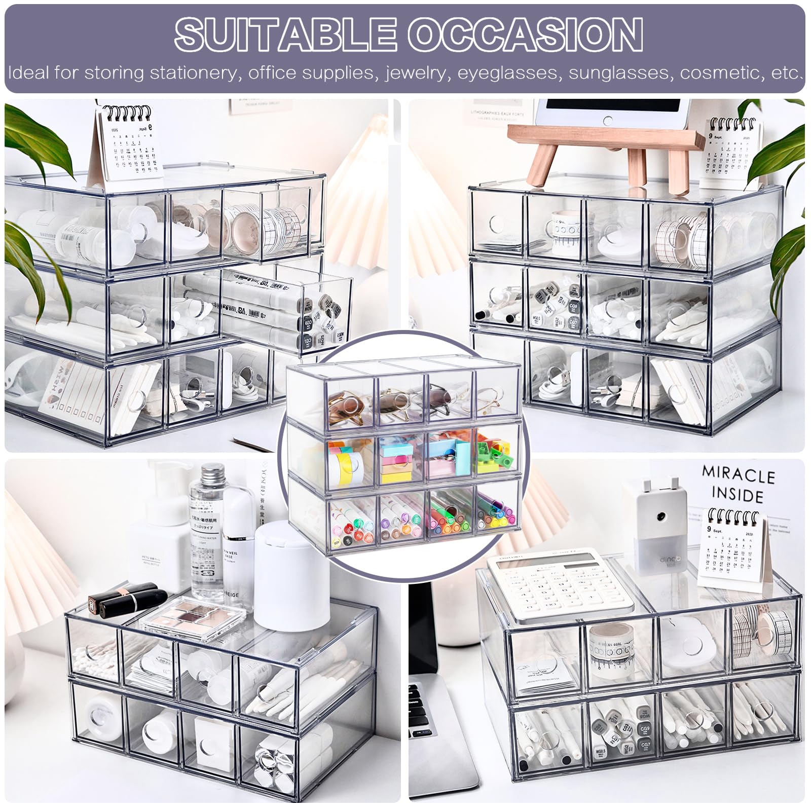 Organizer da scrivania con 12 cassetti, 3 pezzi, impilabile, con cassetto rimovibile, organizer trasparente per occhiali da sole, cancelleria, pennarelli, occhiali, forniture per ufficio