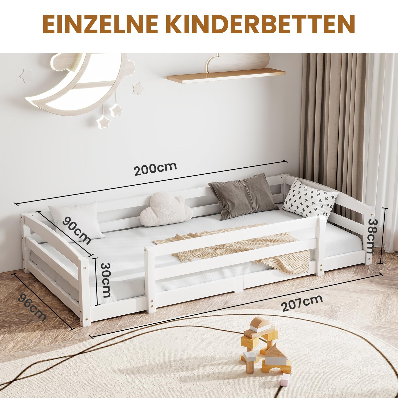 Bodenbett 90x200cm Montessori Kinderbett mit Rausfallschutz & Lattenrost Kiefer Massivholz bis 100 kg belastbar für Jungen Mädchen Kinder Bett