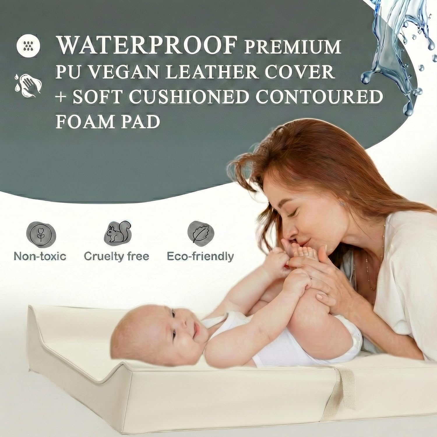 Vegan Leather Contoured Baby Changing Pad | Waterproof & Wipe-Clean PU Leather Diaper Change Mat, Soft, Wipeable Cover, Safety Strap, Non-Slip Bottom, Topper for Standard Infant Diaper Table & Dresser