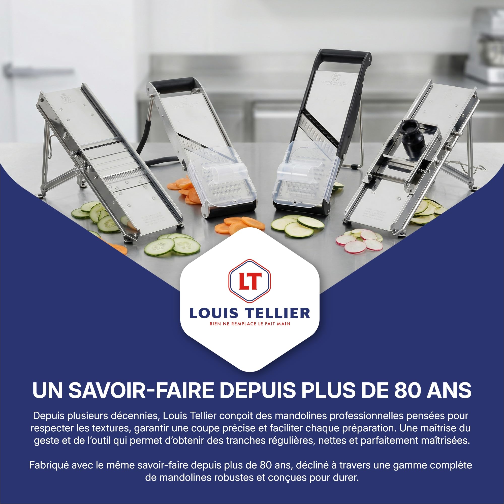 Louis Tellier – Mandoline Inox Professionnelle avec Chariot – Fabriqué en France – 2 Peignes 3 et 10 mm pour Frites et Julienne – Lame Lisse et Gaufrée Réglable