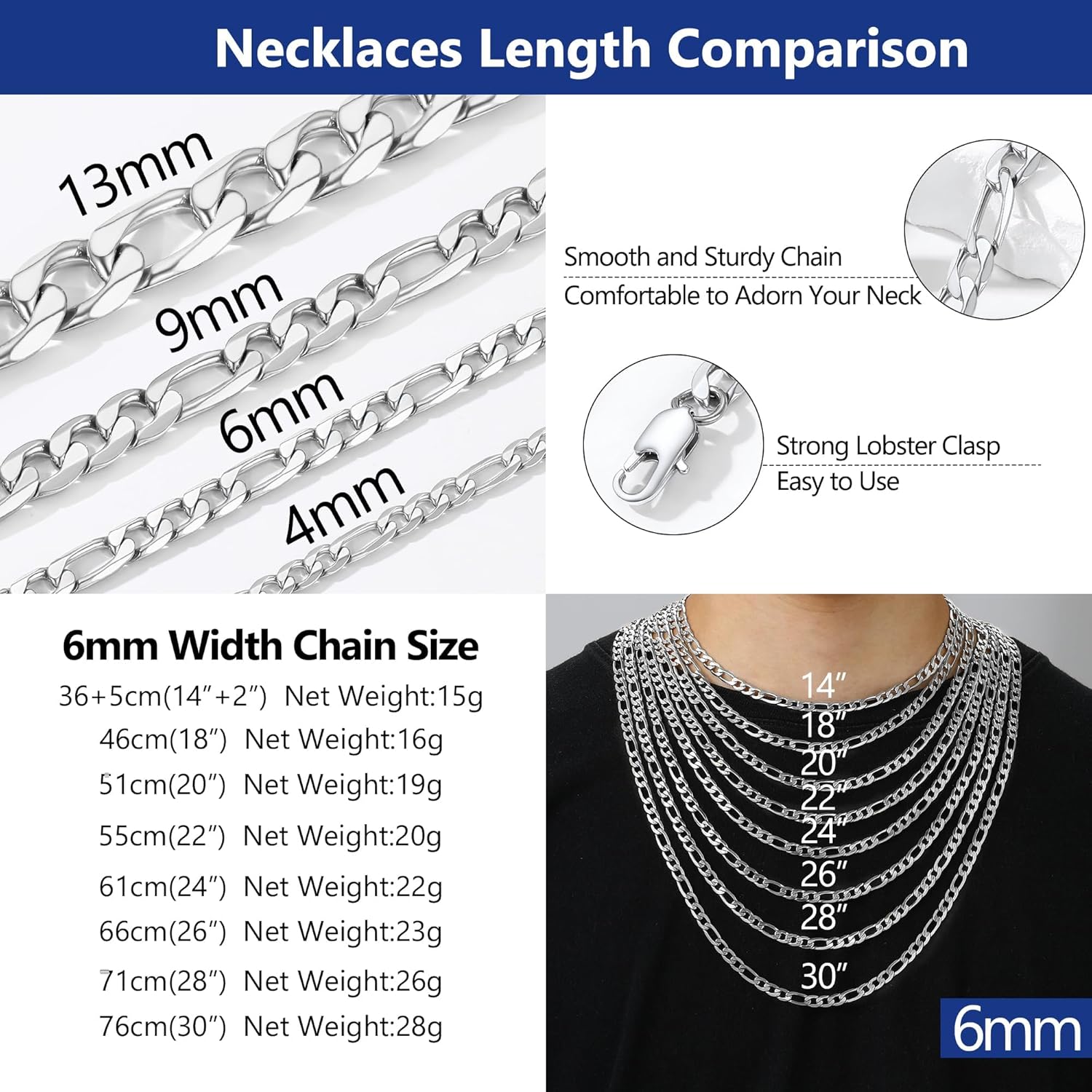 PROSTEEL 316L Stainless Steel Figaro Cuban Chain Necklace for Men, Black/18K Real Gold Plated, 4/5/6/7.5/9/10/13mm, 14inch-30inch, Come with Box - Image 4