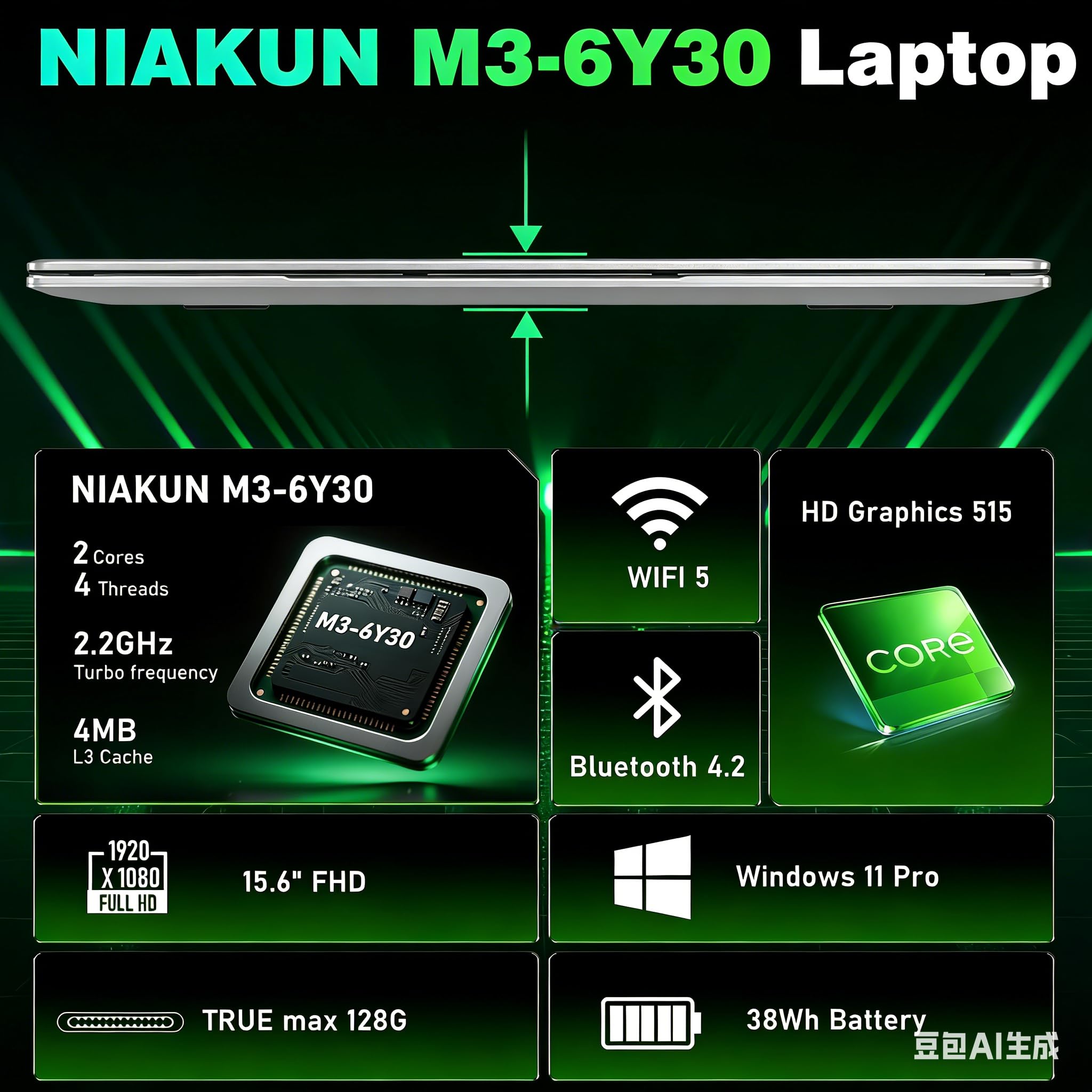 NIAKUN 2026 15.6 Inch Laptop with M3-6Y30 Processor, 16GB RAM 512GB SSD Computer Laptop, FHD 1920 x 1080P, 5000 MAh/38.5Wh, TF Card, Webcam, Touchpad, Student/Home/Business — view 2