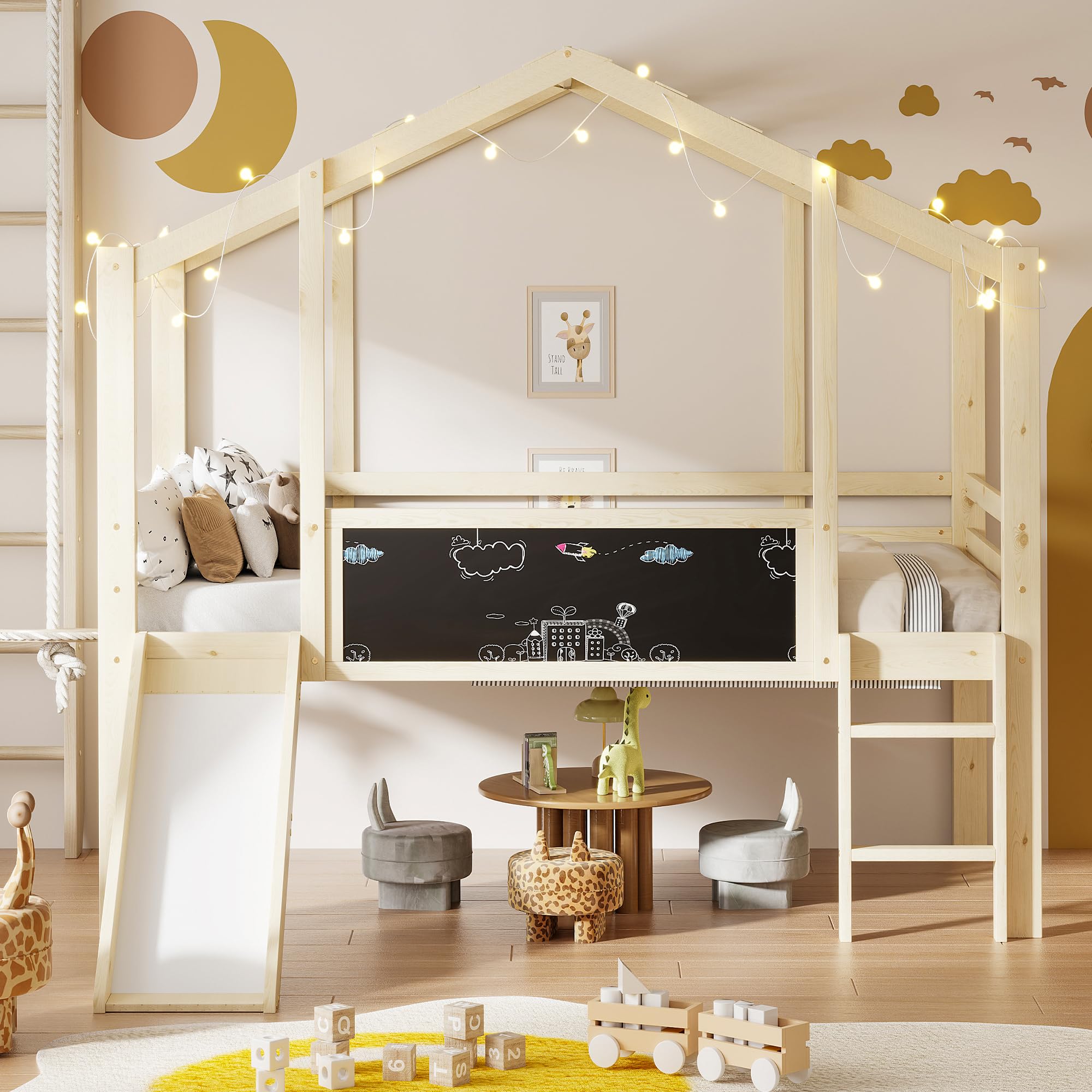 Cama infantil de 90 x 200 cm con escalera y tobogán, con pizarra, diseño de casita, cama alta de madera maciza (sin colchón) (natural)