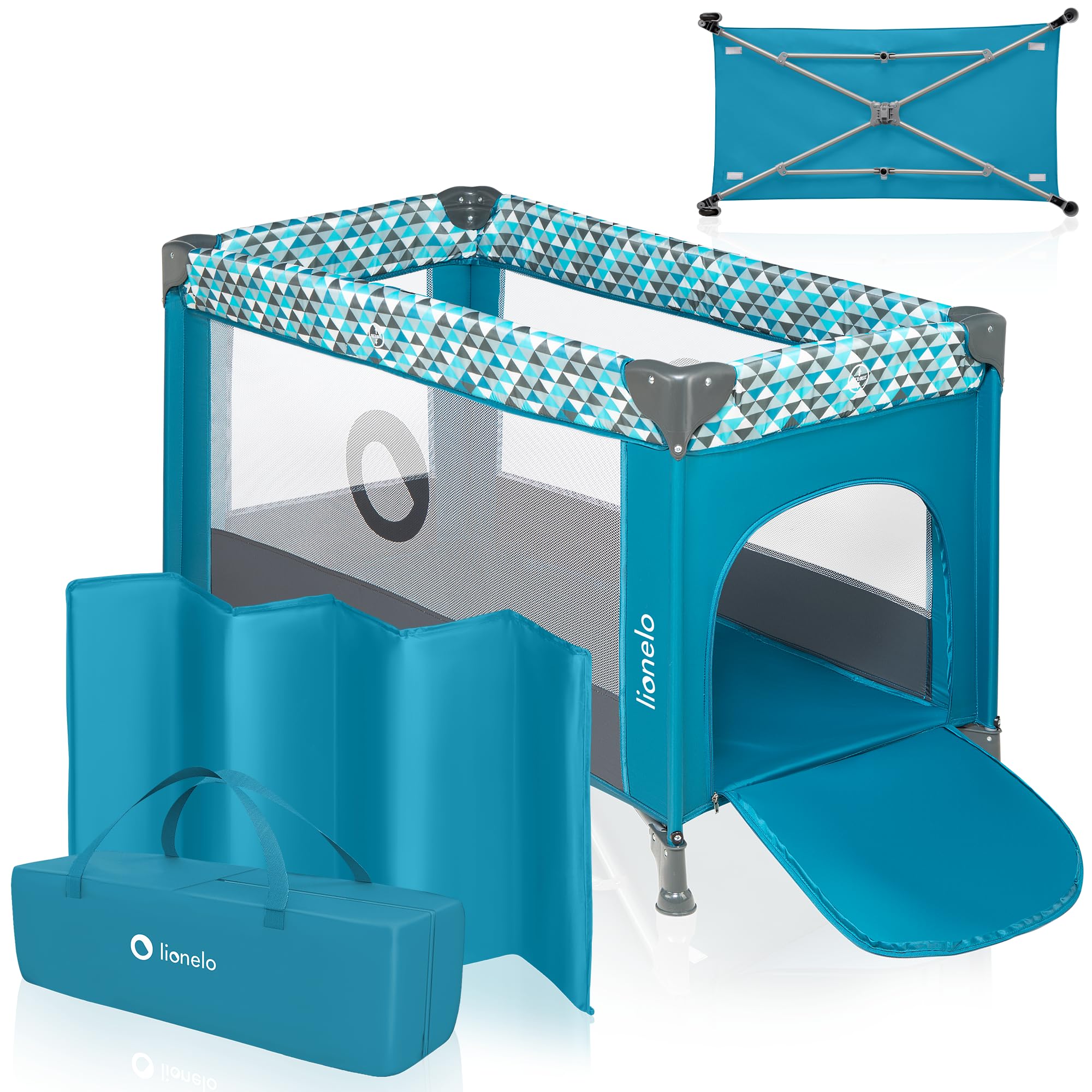 Lionelo Stefi Baby Kinderbett, Reisebett ab Geburt bis 15 kg, Seiteneingang, Sicherungssystem LockGuard, Blockade der Räder, Tragetasche, zusammenklappbar