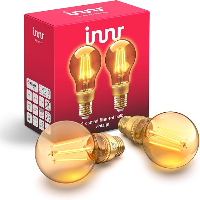 Innr Smart Filament LED Bulb E27 Vintage, Works with Philips Hue*, Alexa & Hey Google (Hub Required) 2200K, Gold, 2-Pack, RF 263-2