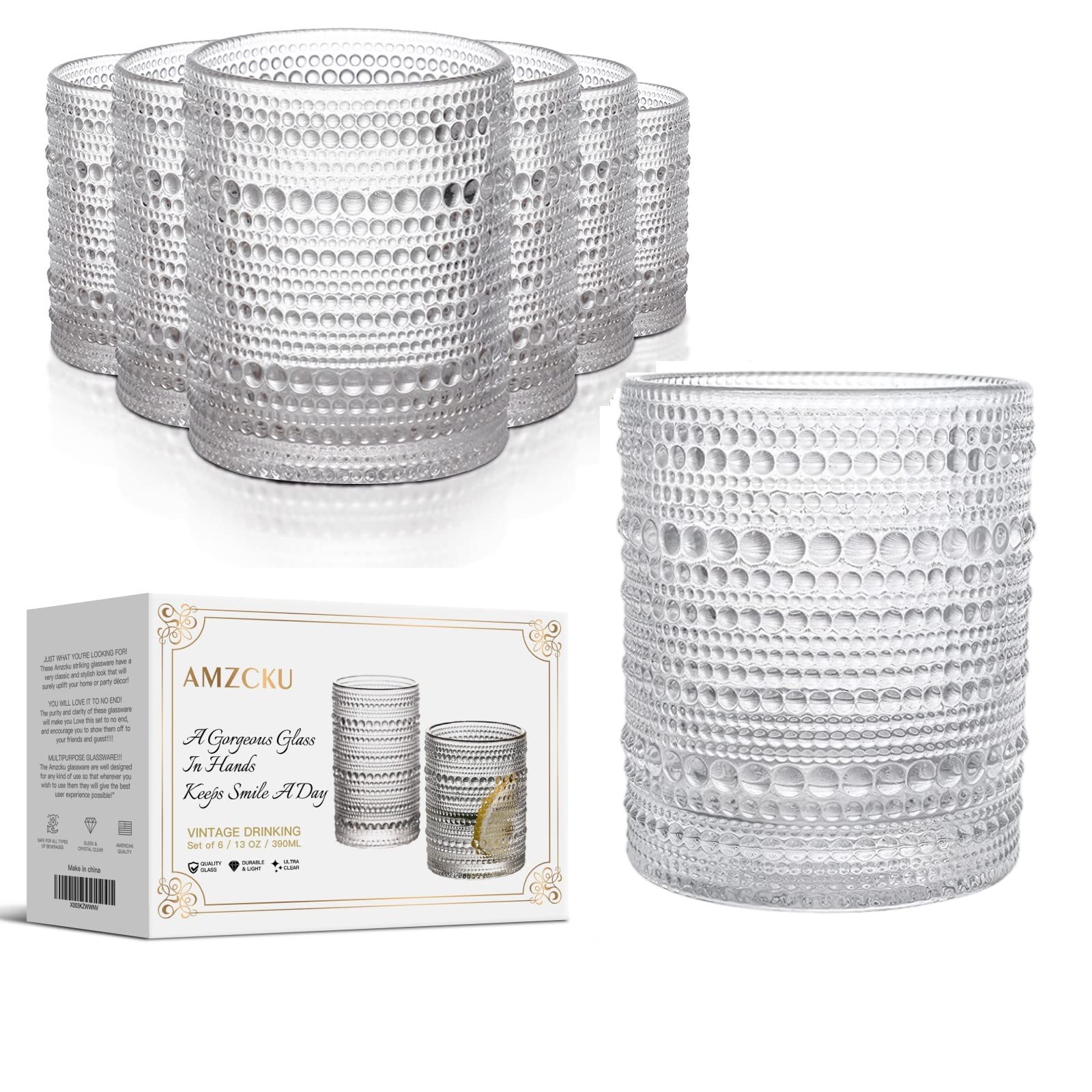 Amzcku Vintage Drinking Glass Set of 6 Kitchen Glasses Cup(13 OZ),for Water,Cocktail,Milk,Juice and Beverage.…