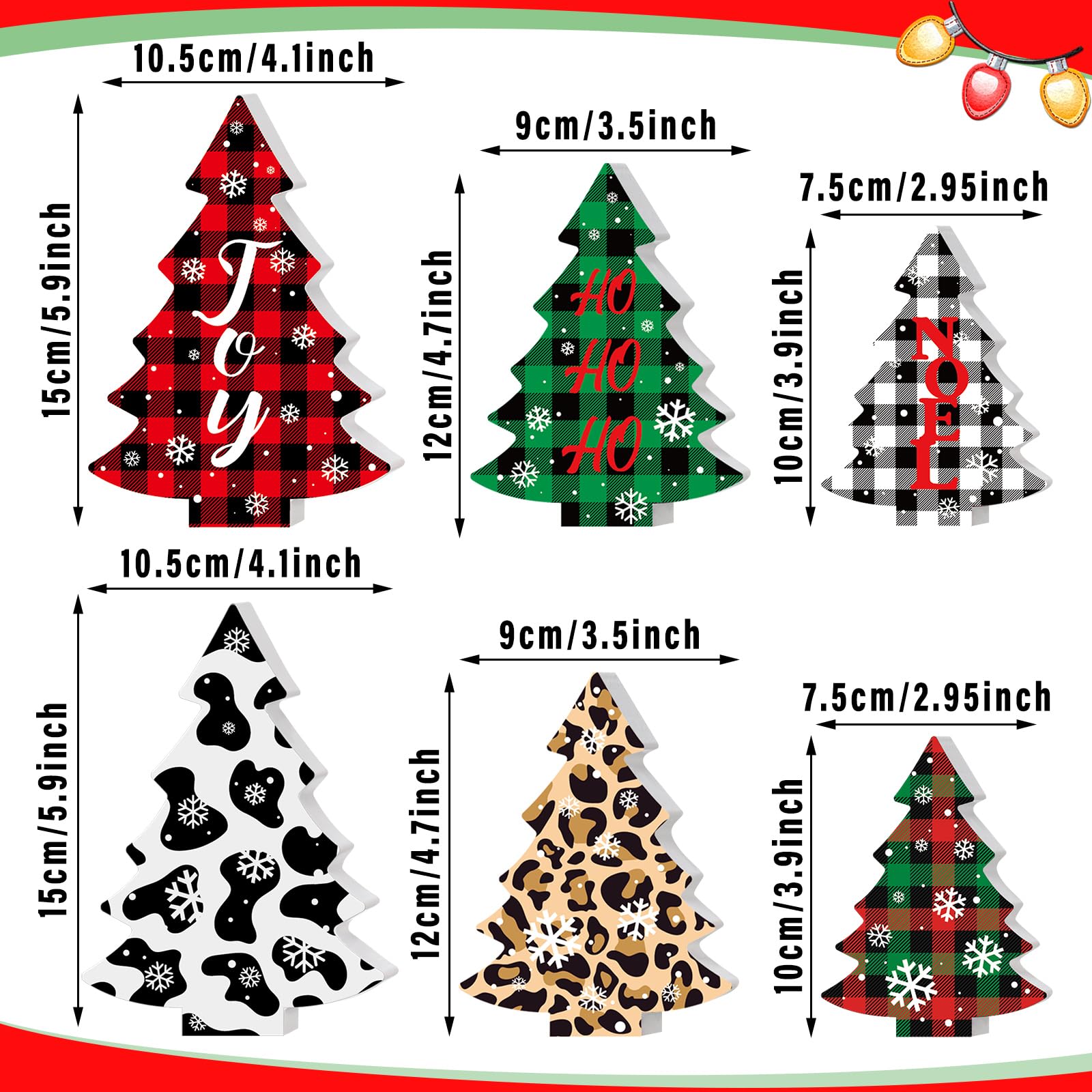 6 Pcs Christmas Tree Wooden Table Decor Buffalo Plaid Cheetah Leopard Print Wooden Table Signs Freestanding Reversible Rustic Wood Centerpiece Tabletop for Xmas Winter Holiday Farmhouse Home Decor