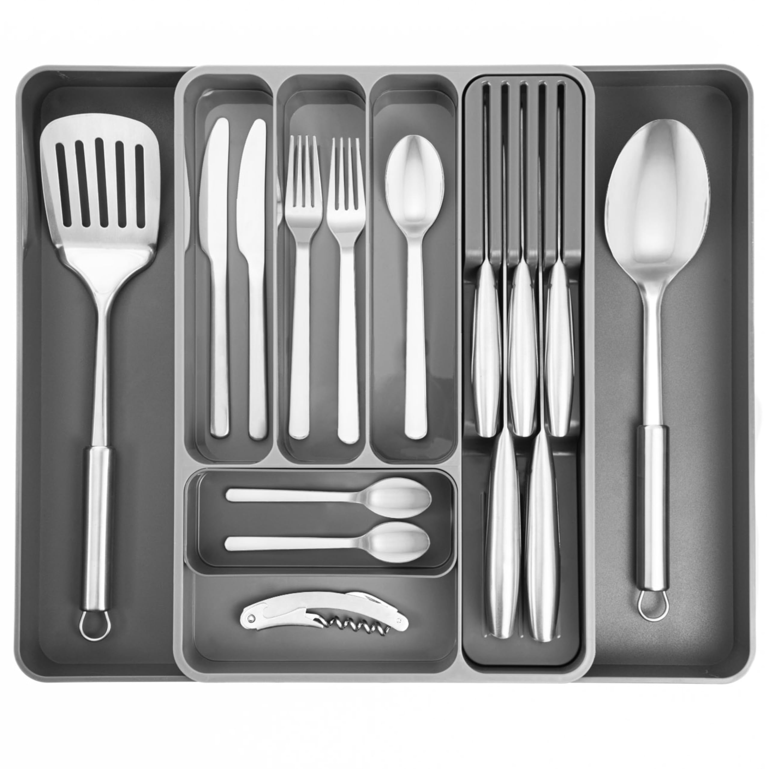 Nuovva Shaded Grey Cutlery Drawer Organiser – Adjustable Utensil Tray For Drawers – Expandable Cutlery Set Holder – Compact Drawer Divider For Knives, Forks And Spoons –