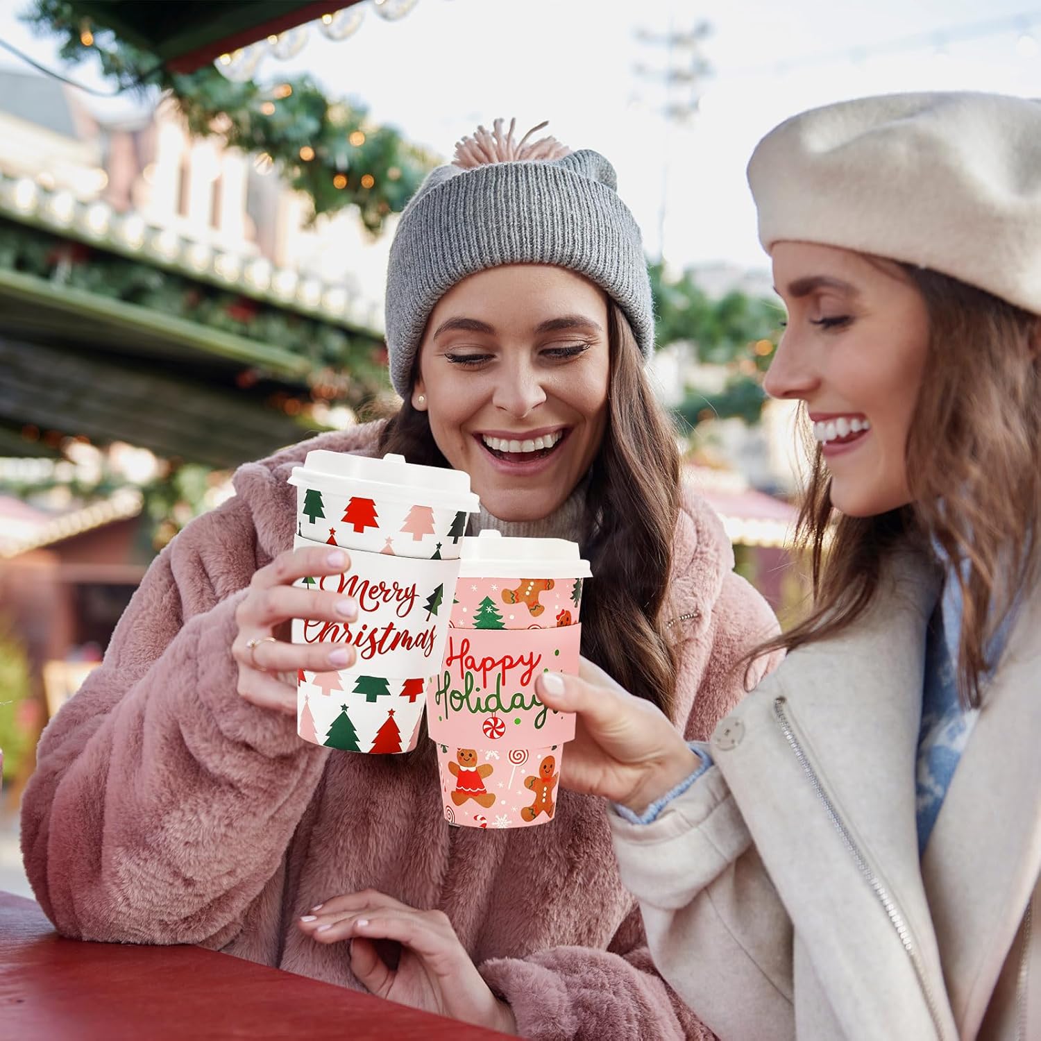 JarThenaAMCS 100 Sets 16oz Christmas Disposable Coffee Cups With Lids And Sleeves Festive Xmas Design Paper Drinking Cups For Winter Home Office Party Supplies