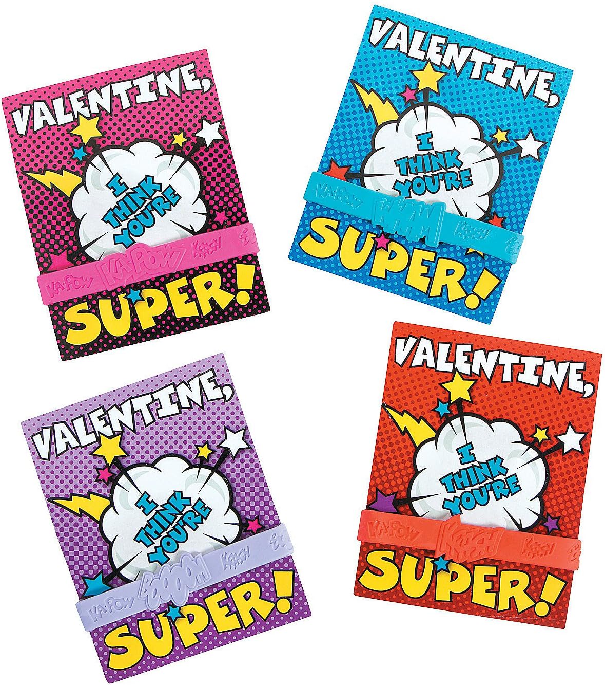 Fun Express - Valentine Super Hero Card with Bracelet for Valentine's Day - Jewelry - Rubber Bracelets - 24 Pieces