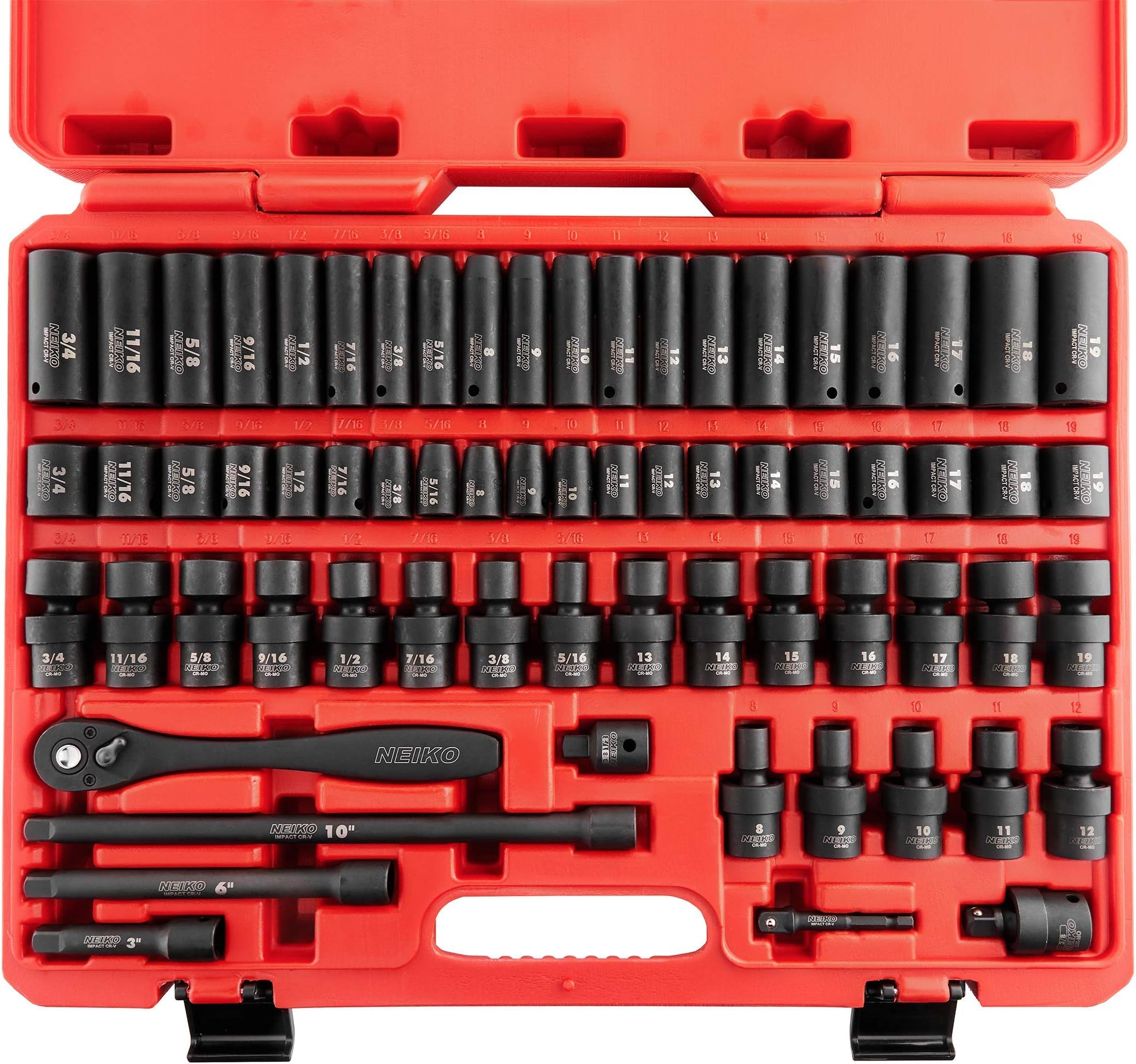 02471A Impact Socket Set, 3/8” Drive, 67 Piece, Metric and Standard Master Socket Set with Shallow & Deep Sockets, Ratchet, Swivel Sockets, Extension Bars, Adapters, Cr-V & Cr-Mo