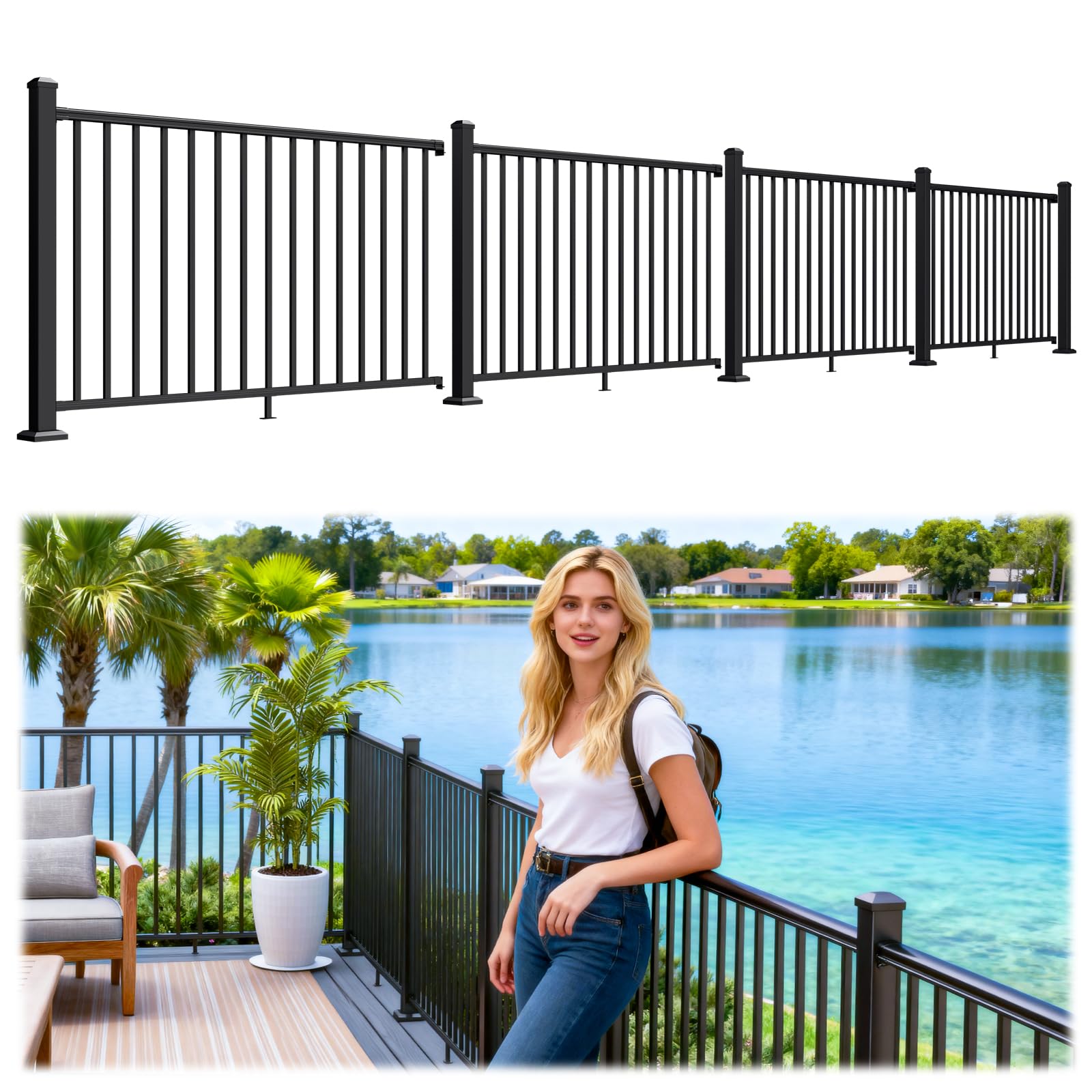 Photo 1 of Egadis 4 Pack 42 in. H x 6 ft. W Porch and Deck Railing Kit with 5 Post, Black Textured Powder-Coat Finish Modular Aluminum Railing System for Outdoor Decks, Porches & Balconies(4 Panel, 5 Post)
