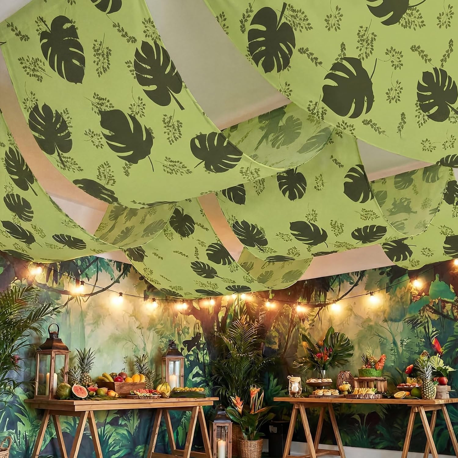 Moukeren 3 Pcs 36 ft Rainforest Palm Leaves Decorations for Vbs Jungle Tropical Safari Ceiling Hanging Decor with Ropes Hawaiian Luau Rainforest Jungle Party Banner for Summer Sunday School Classroom