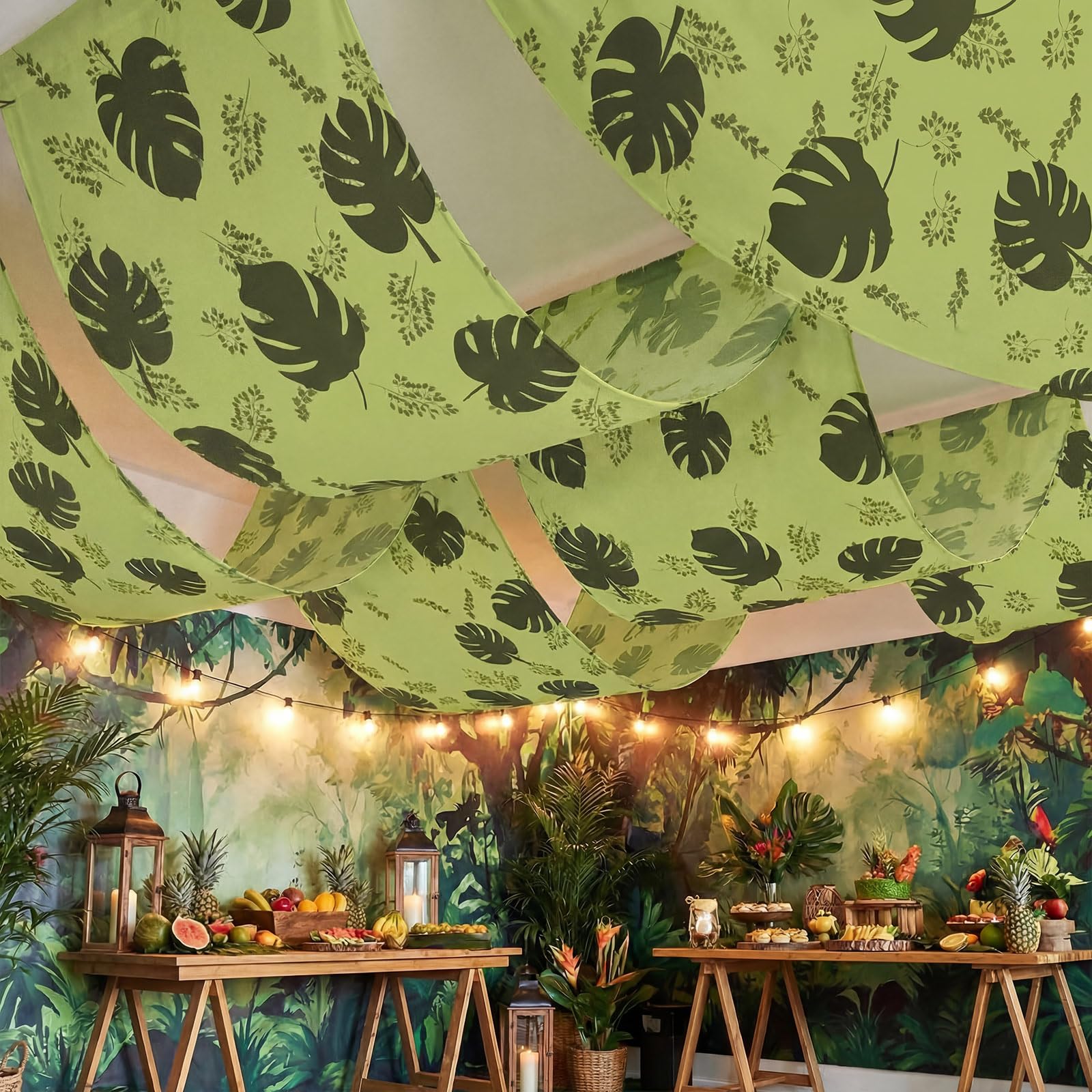 Photo 1 of Moukeren 3 Pcs 36 ft Rainforest Palm Leaves Decorations for Vbs Jungle Tropical Safari Ceiling Hanging Decor with Ropes Hawaiian Luau Rainforest Jungle Party Banner for Summer Sunday School Classroom